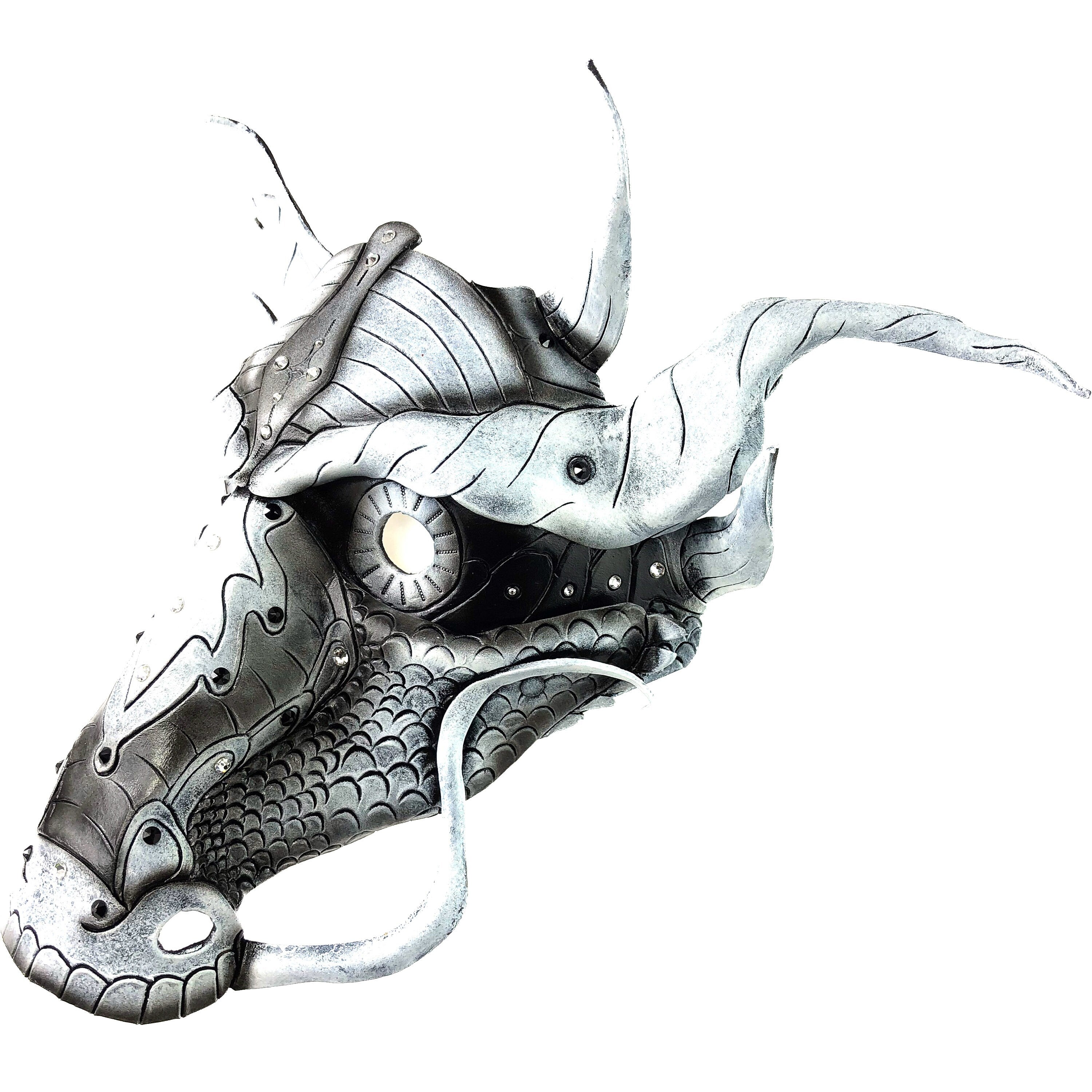 Grey Ancient Dragon Leather Mask with Swarovski Crystals
