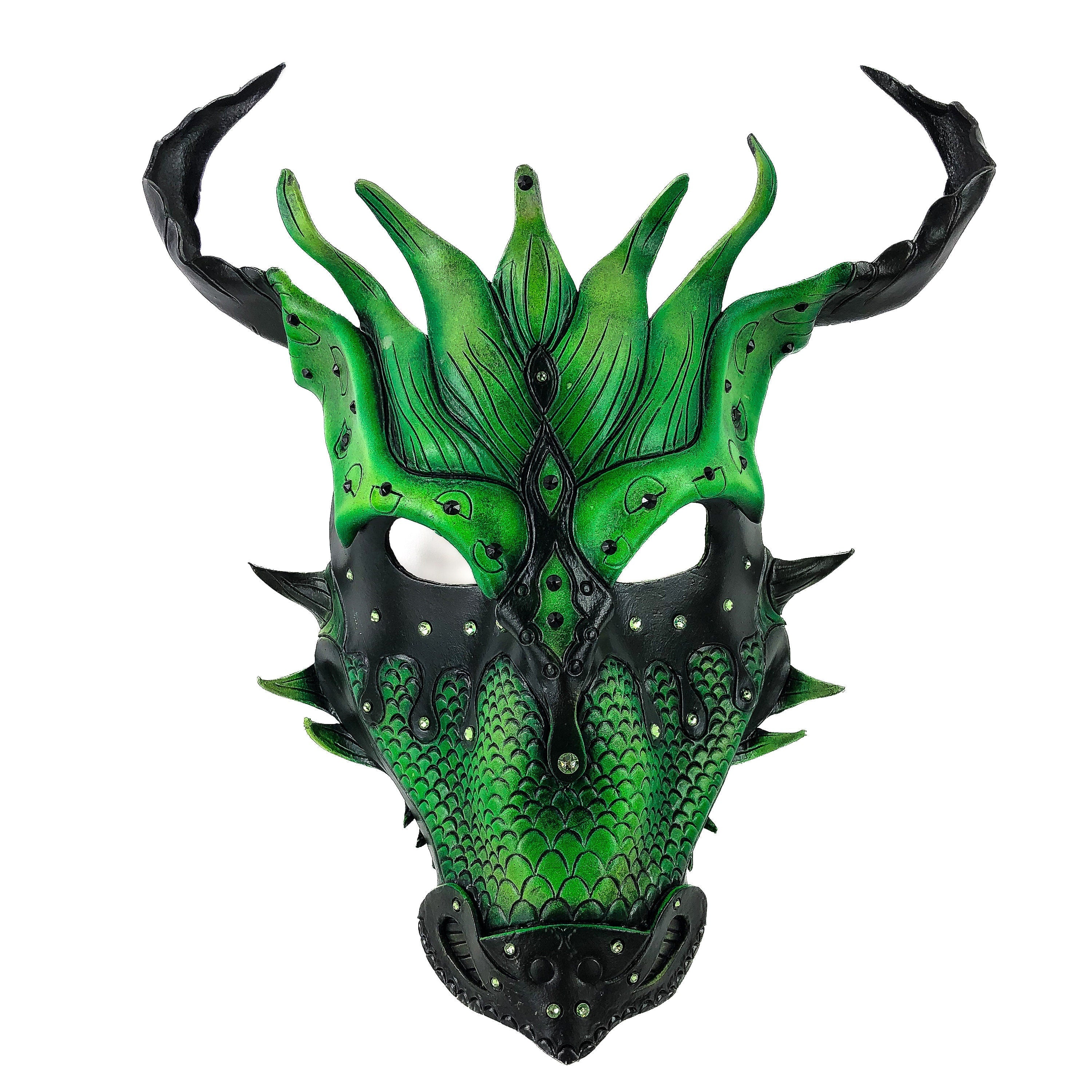 Green Ancient Dragon Leather Mask with Swarovski Crystals
