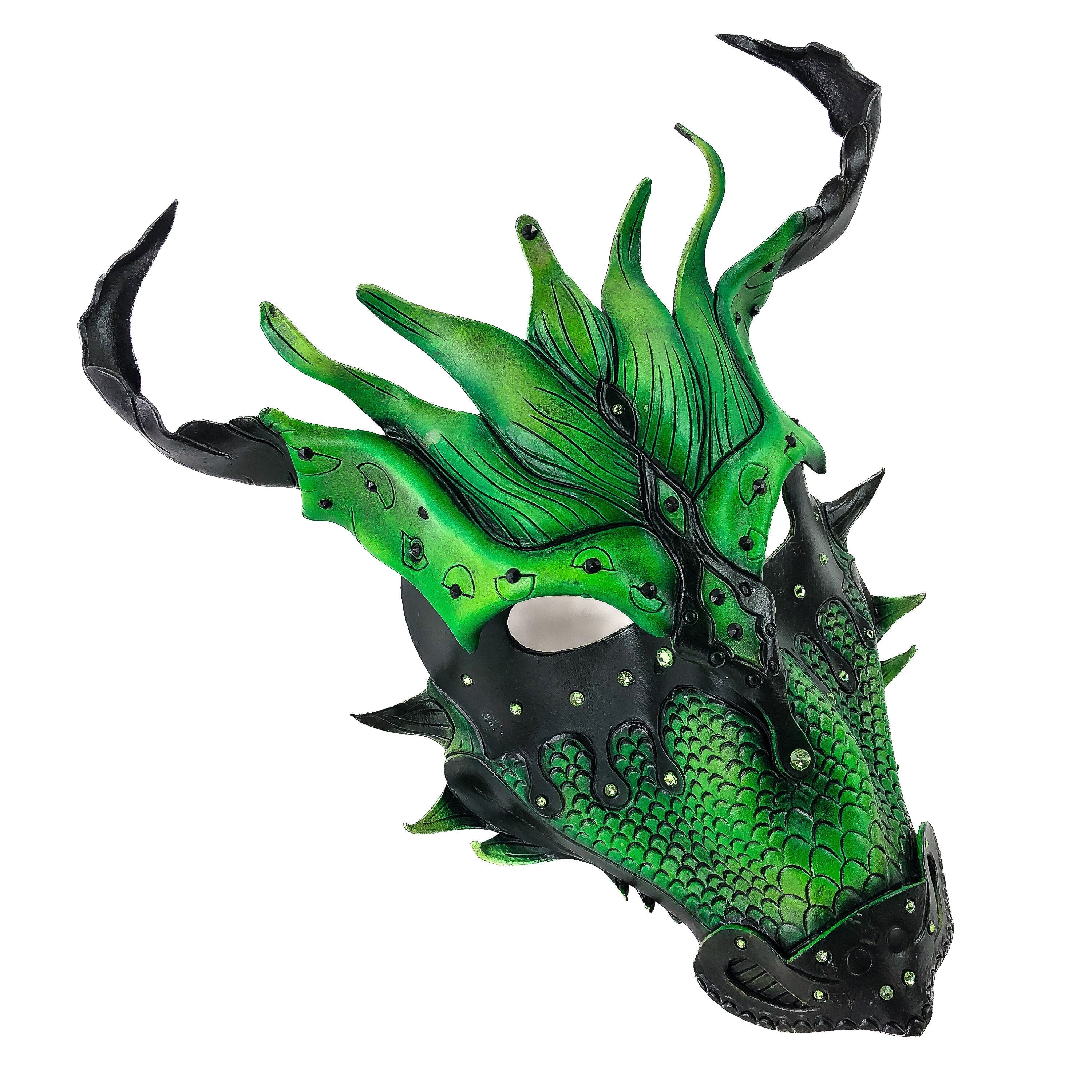 Green Ancient Dragon Leather Mask with Swarovski Crystals