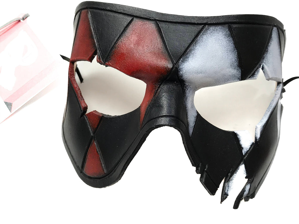 Harlequin Handmade Genuine Leather Mask in Red White Black and Gold