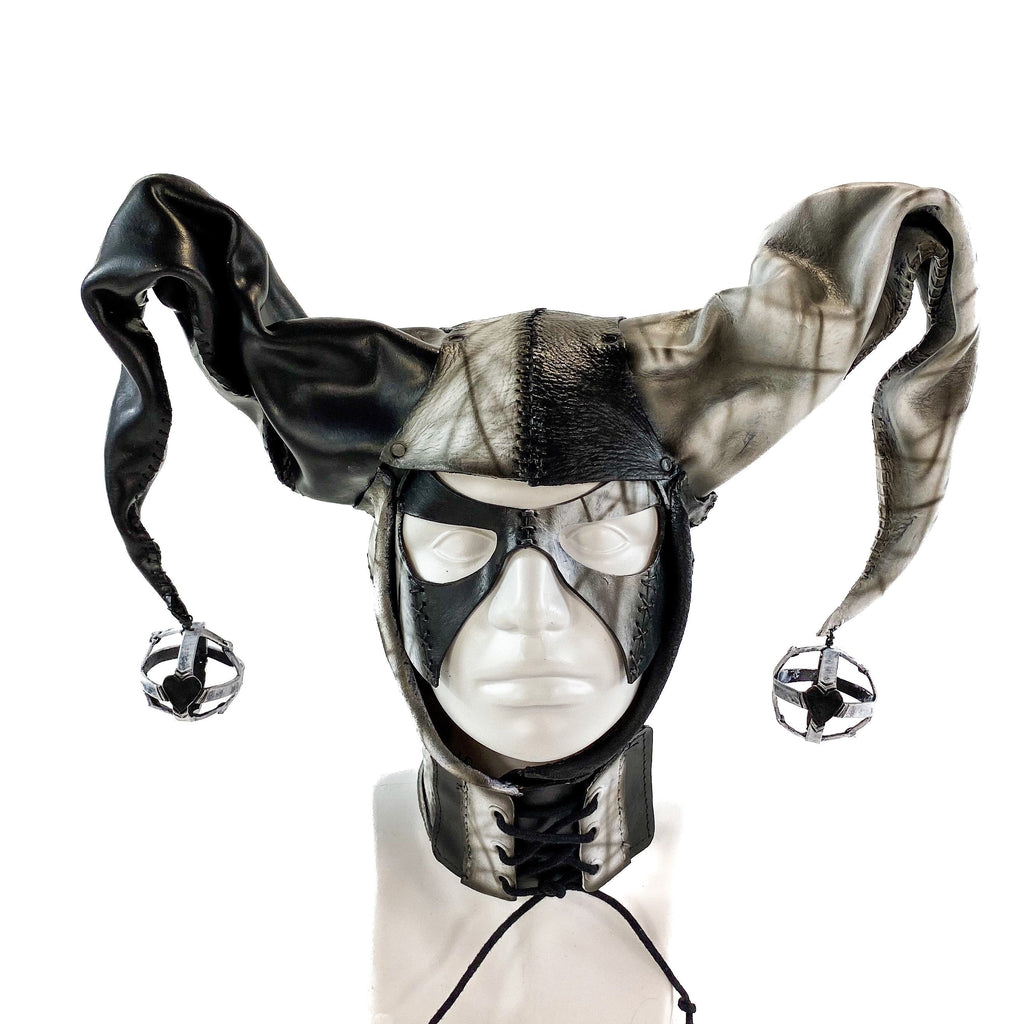 In Stock - Handcrafted Genuine Leather Jester Mask in Black and White