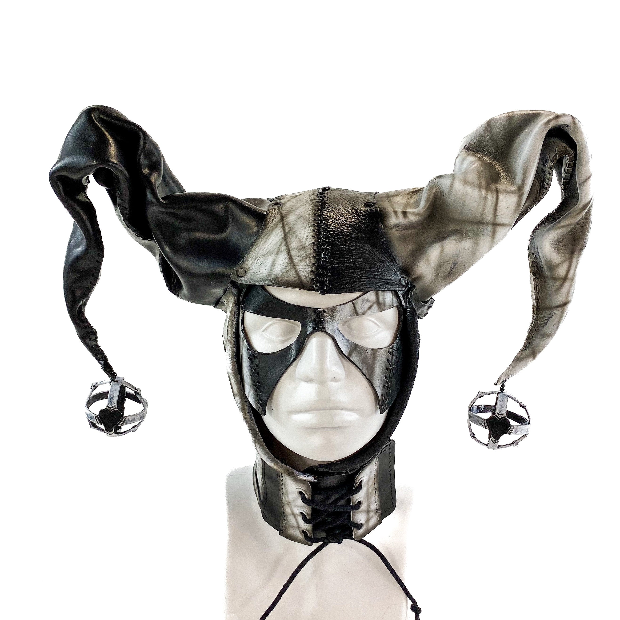 In Stock - Handcrafted Genuine Leather Jester Mask in Black and White