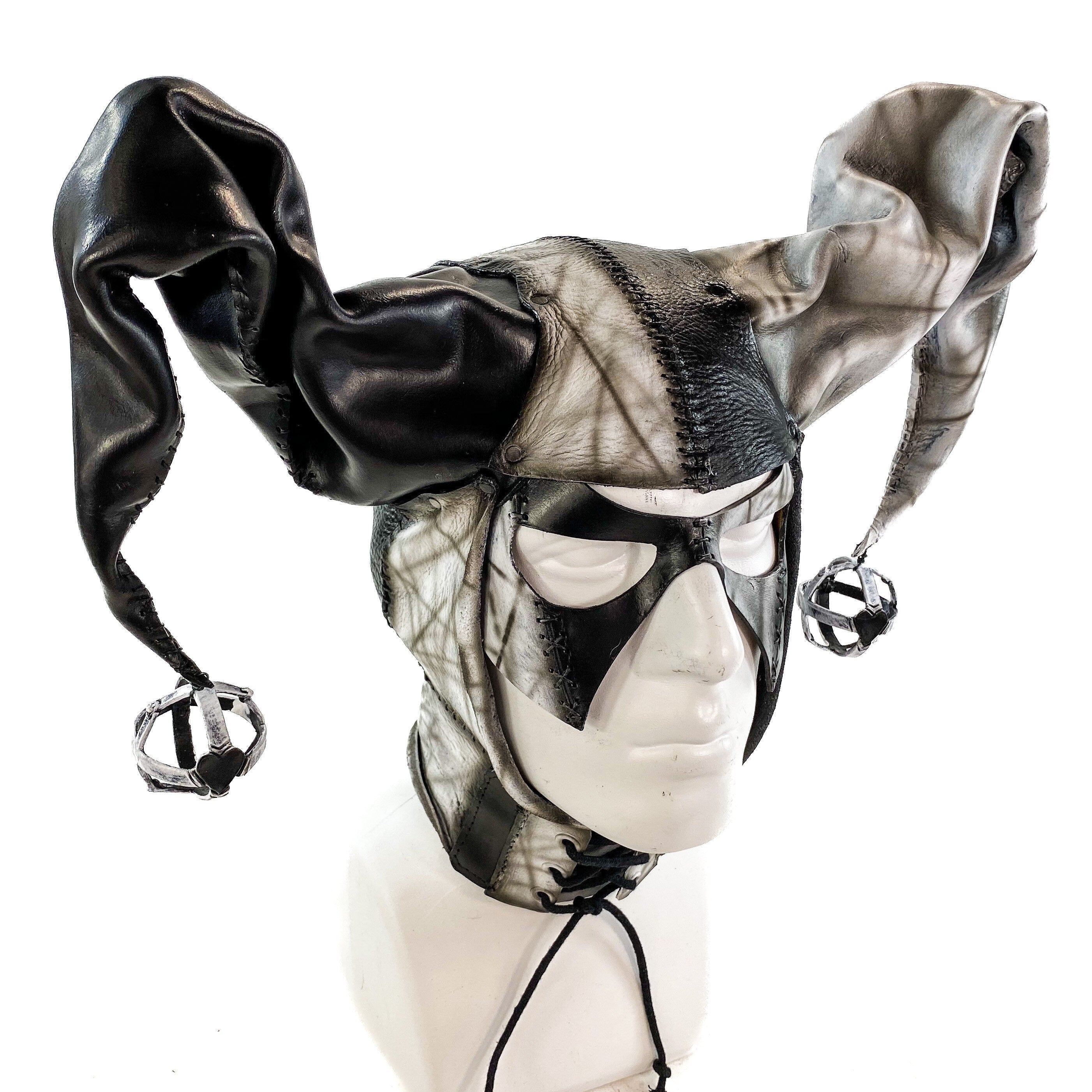 In Stock - Handcrafted Genuine Leather Jester Mask in Black and White