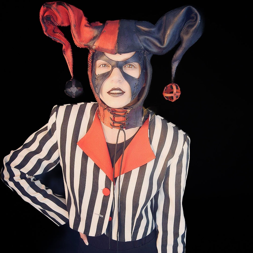 Jester Helmet Genuine Leather Mask in Red and Black