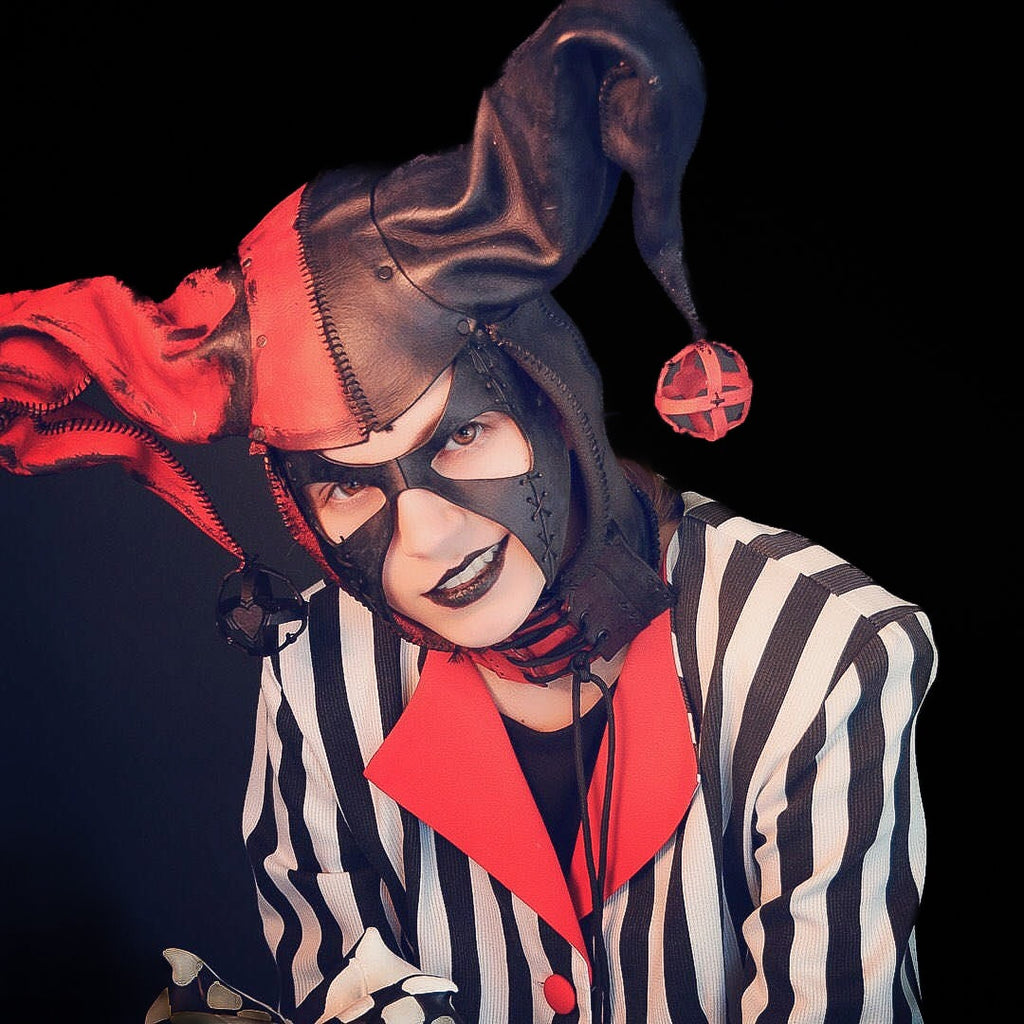 Jester Helmet Genuine Leather Mask in Red and Black