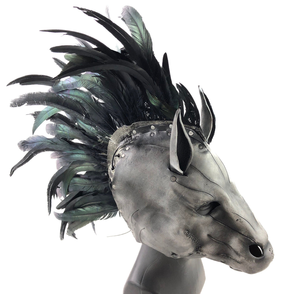 Flying Horse Handmade Genuine Leather Mask with Feathers