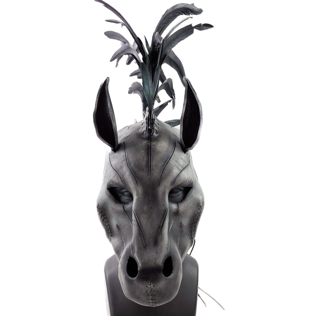 Flying Horse Handmade Genuine Leather Mask with Feathers