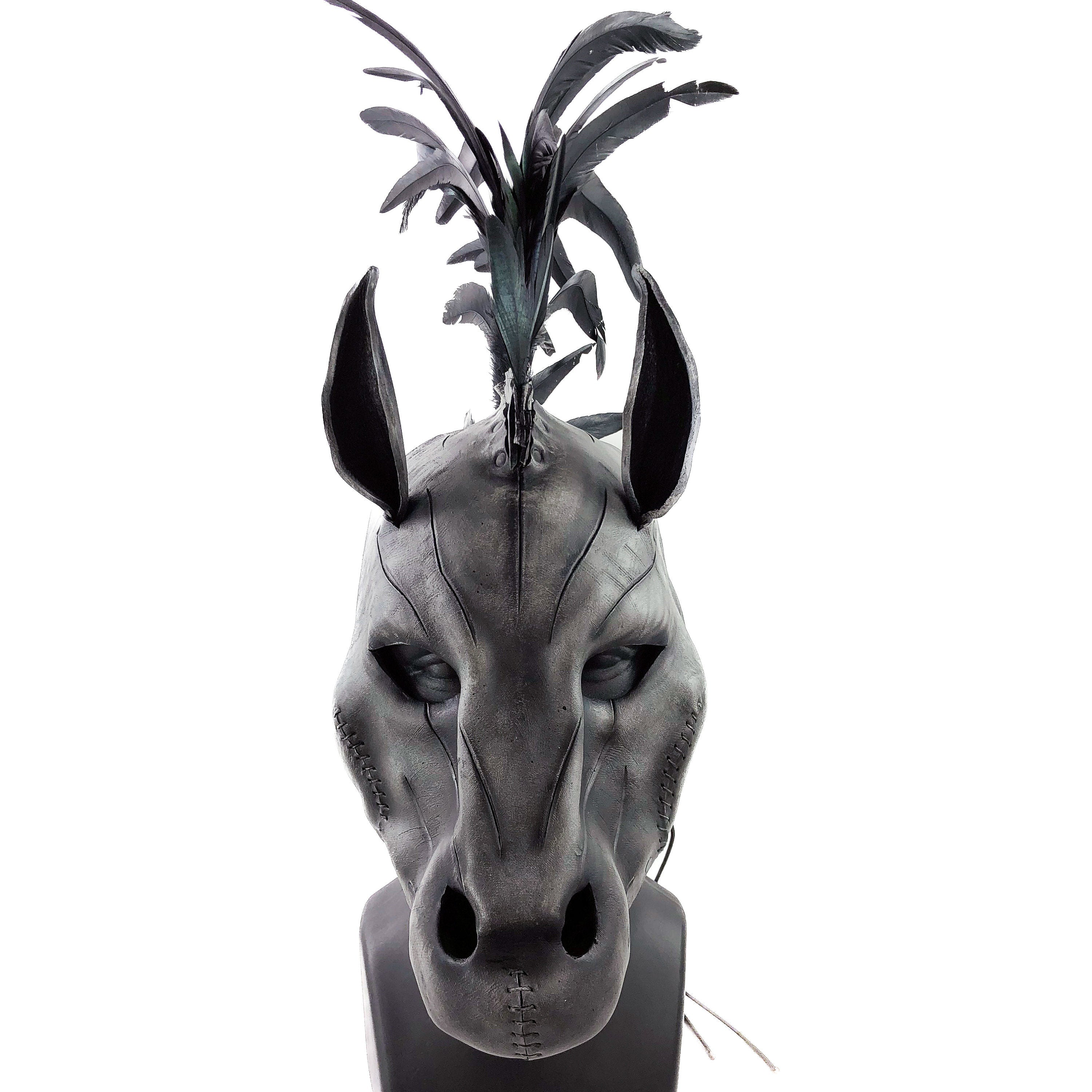 Flying Horse Handmade Genuine Leather Mask with Feathers