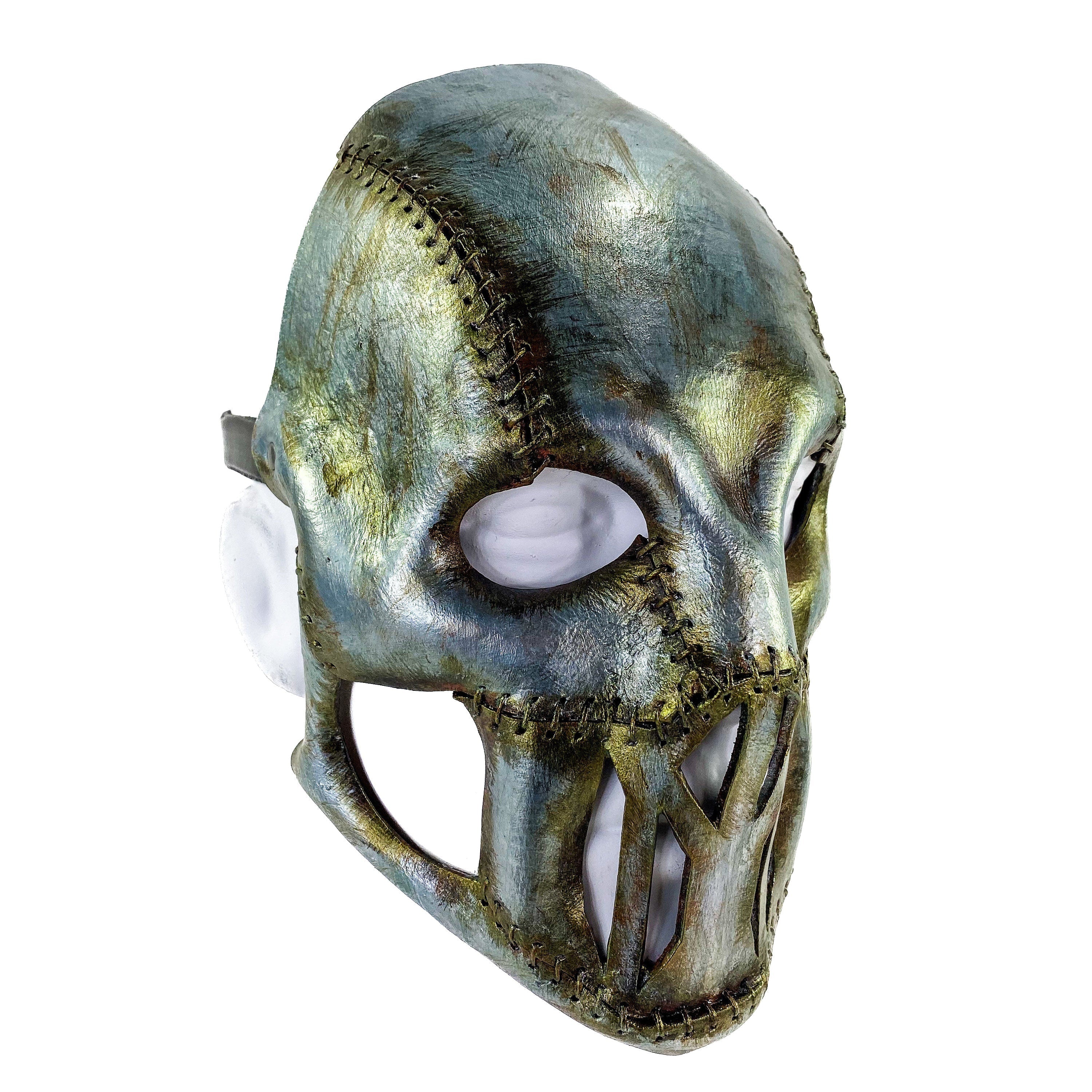 Invader - Genuine Leather Mask in Corroded Metallic Paint - Handmade Full Face Cover for Halloween, Performance or Cosplay