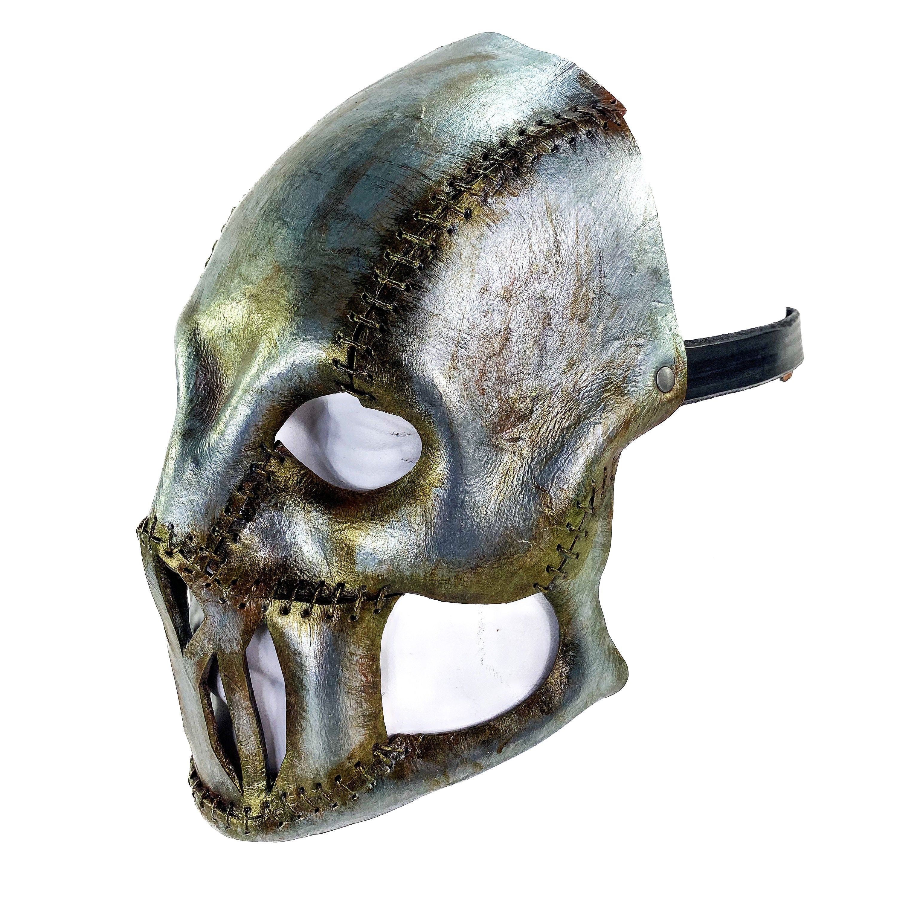 Invader - Genuine Leather Mask in Corroded Metallic Paint - Handmade Full Face Cover for Halloween, Performance or Cosplay