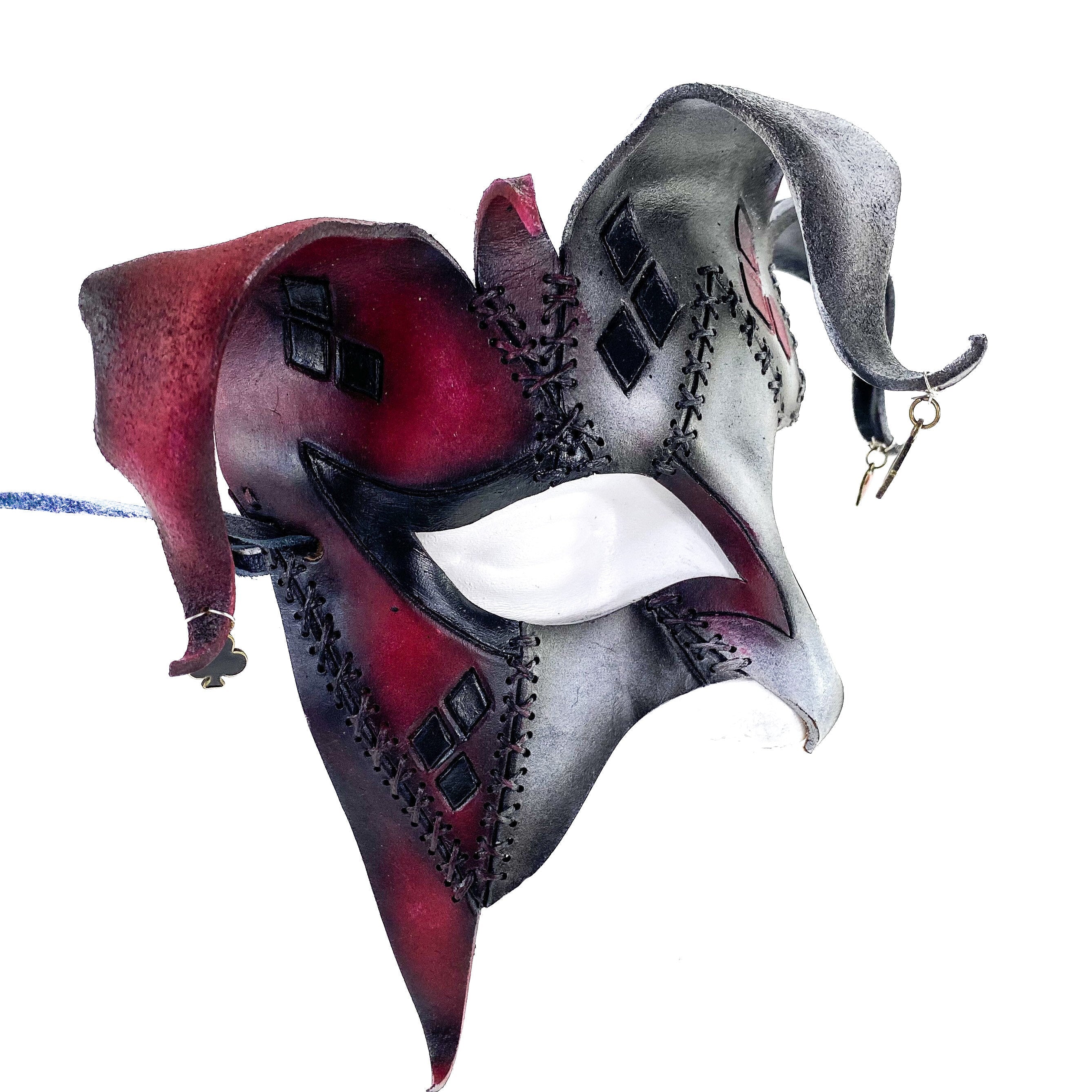 The Joker's Card - Grungy Joker Jester Handmade Genuine Leather Mask in Red with Charms