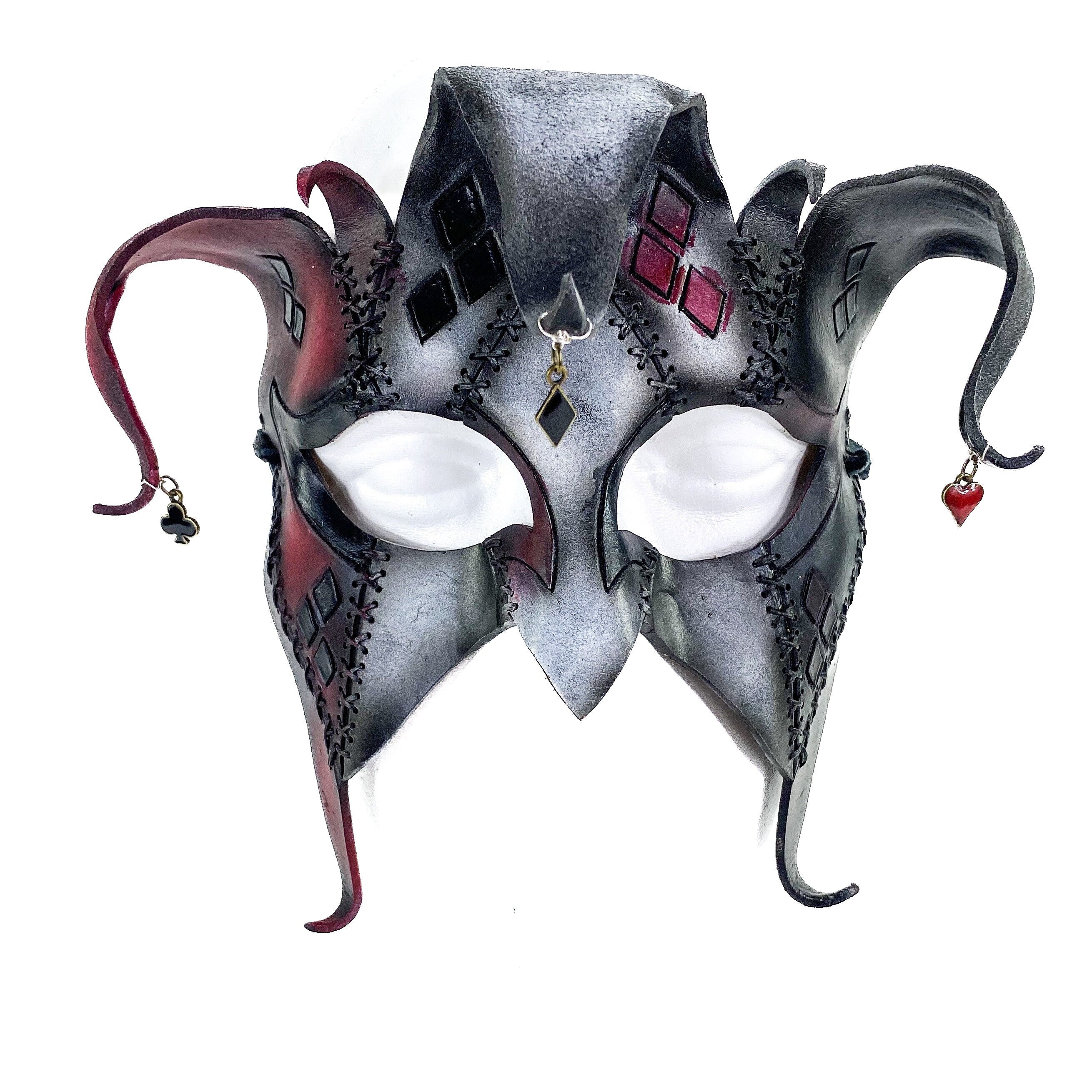 The Joker's Card - Grungy Joker Jester Handmade Genuine Leather Mask in Red with Charms