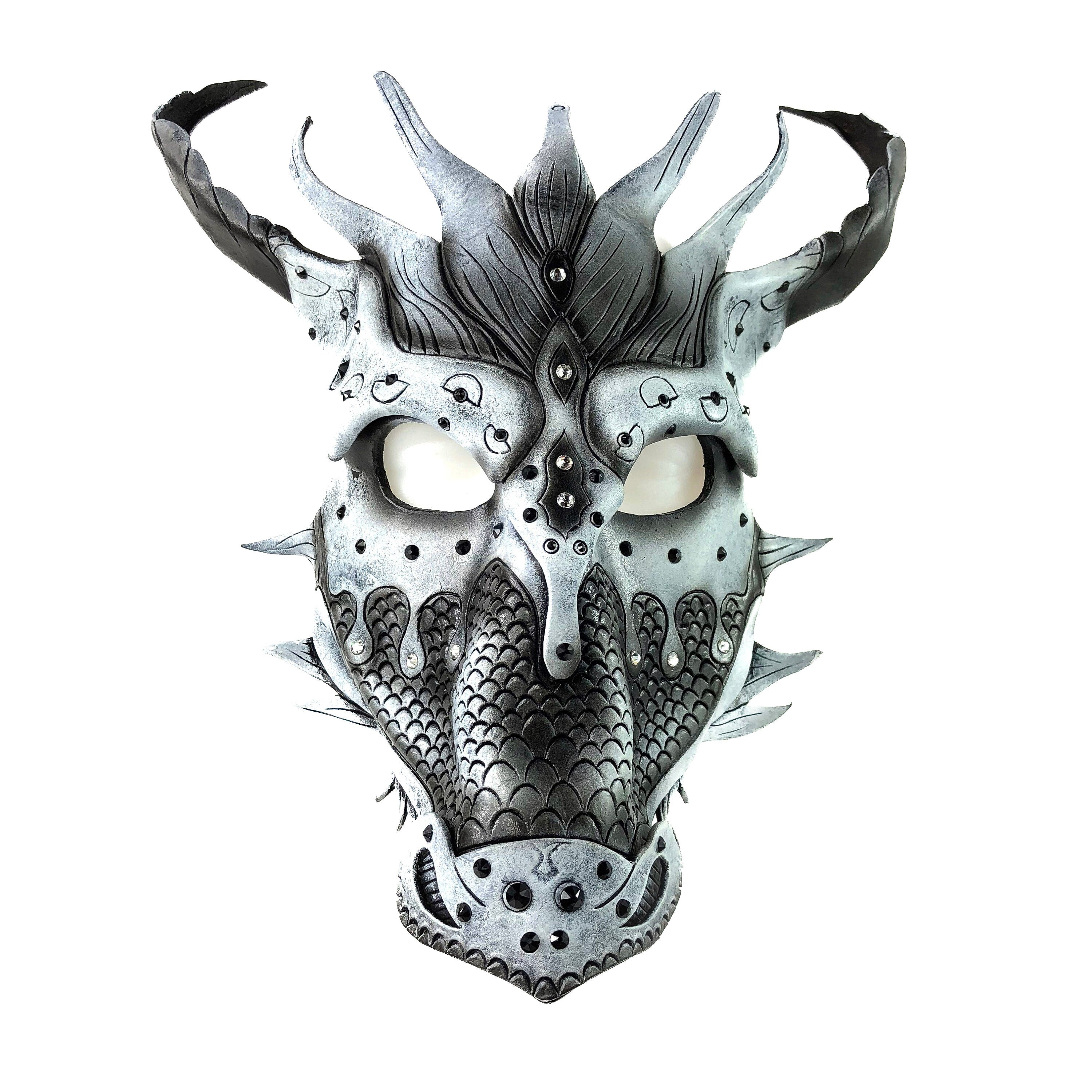 Grey Ancient Dragon Leather Mask with Swarovski Crystals