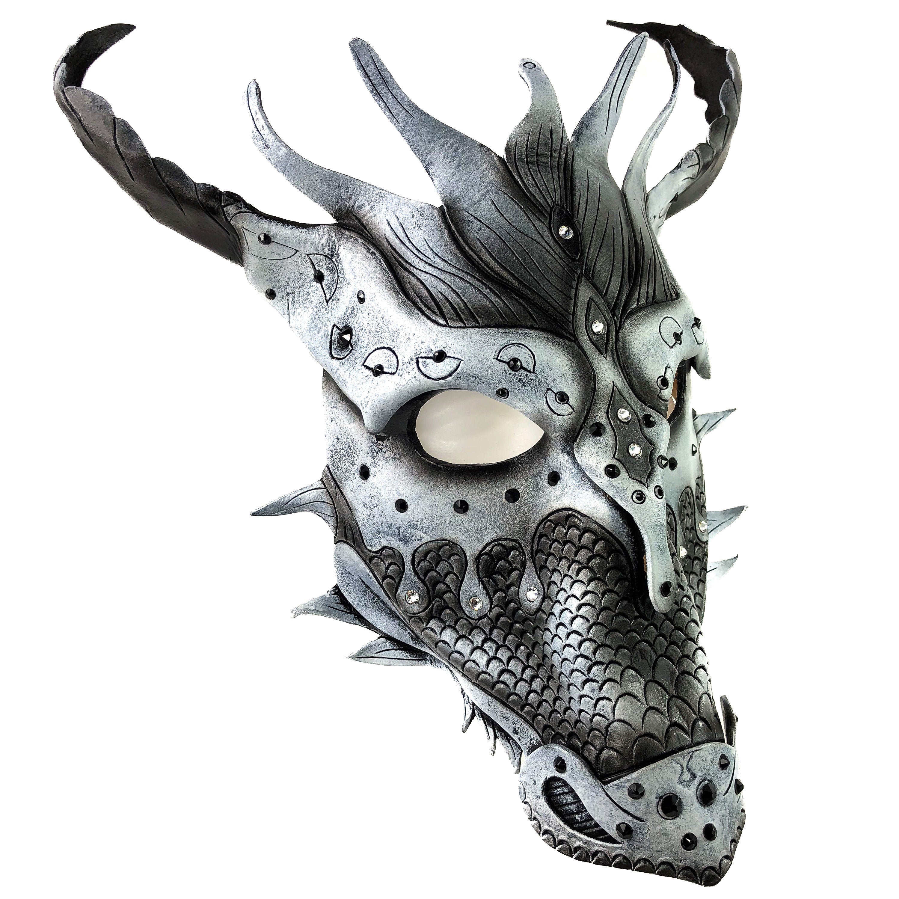 Grey Ancient Dragon Leather Mask with Swarovski Crystals