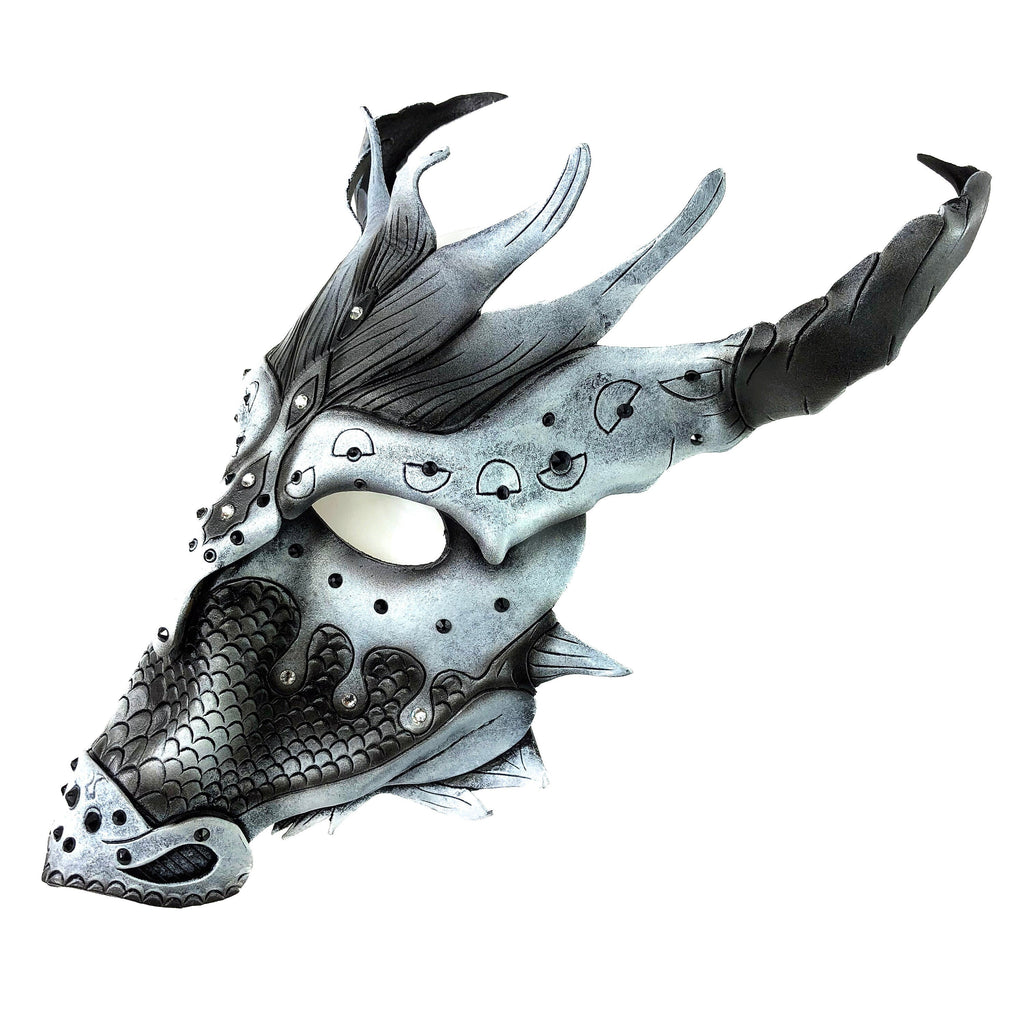 Grey Ancient Dragon Leather Mask with Swarovski Crystals