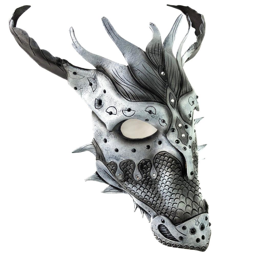 Grey Ancient Dragon Leather Mask with Swarovski Crystals