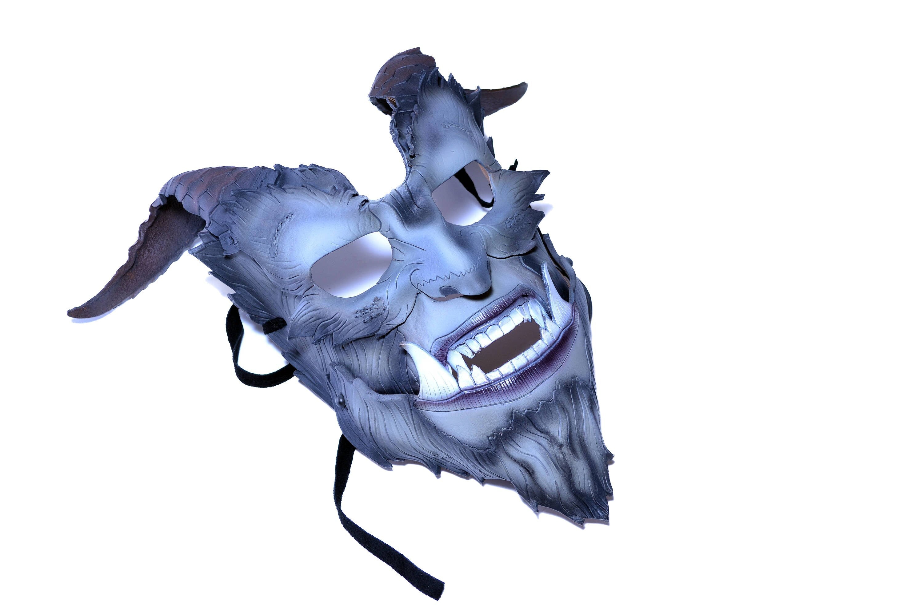 The Beast - Articulating Jaw Handmade Genuine Leather Mask with Horns in Natural Colors