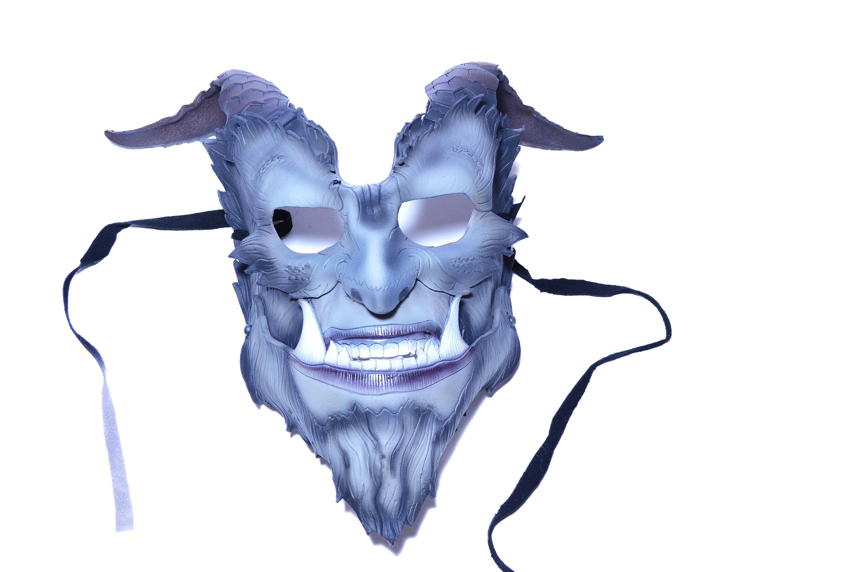 The Beast - Articulating Jaw Handmade Genuine Leather Mask with Horns in Natural Colors