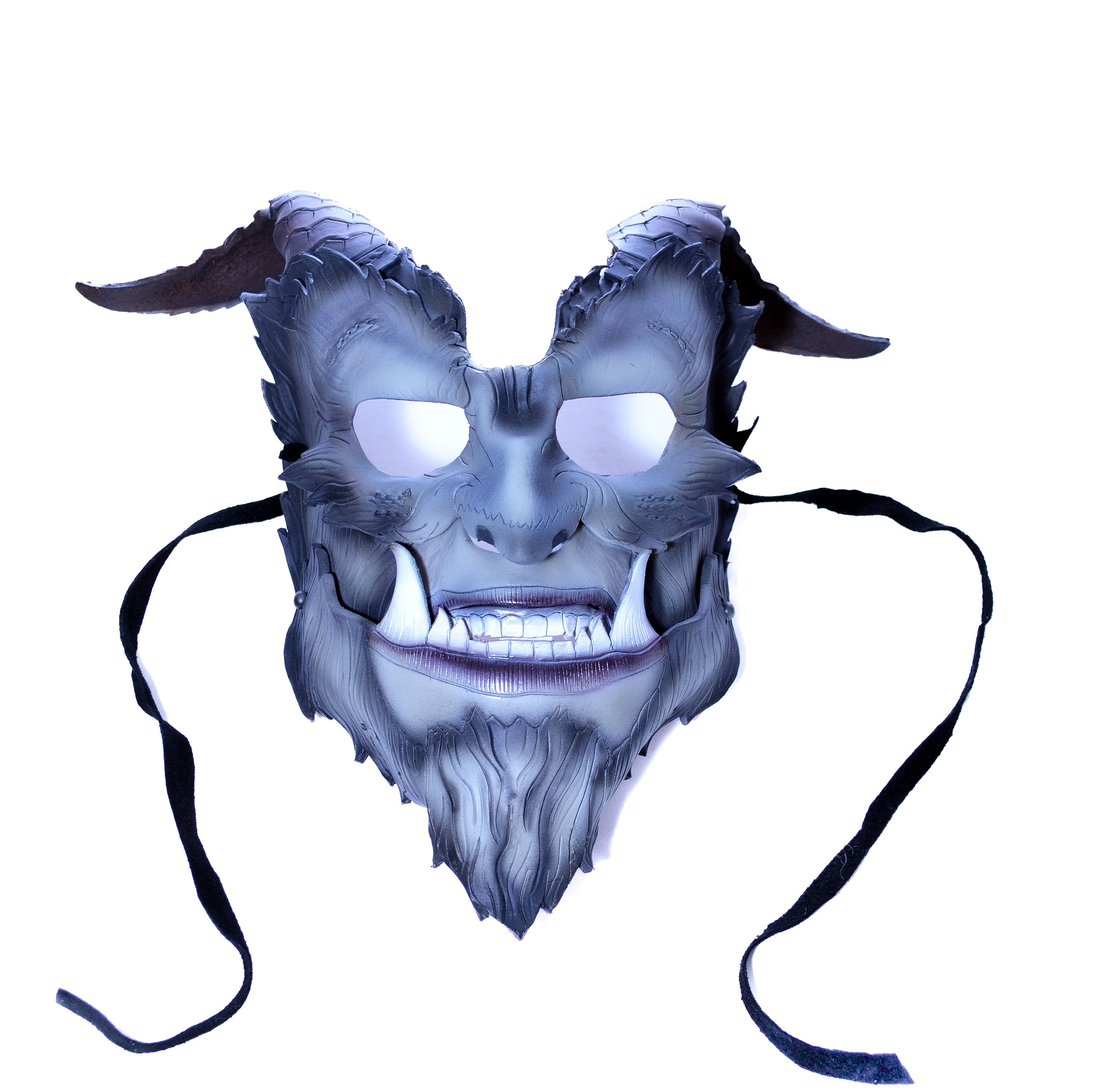 The Beast - Articulating Jaw Handmade Genuine Leather Mask with Horns in Natural Colors