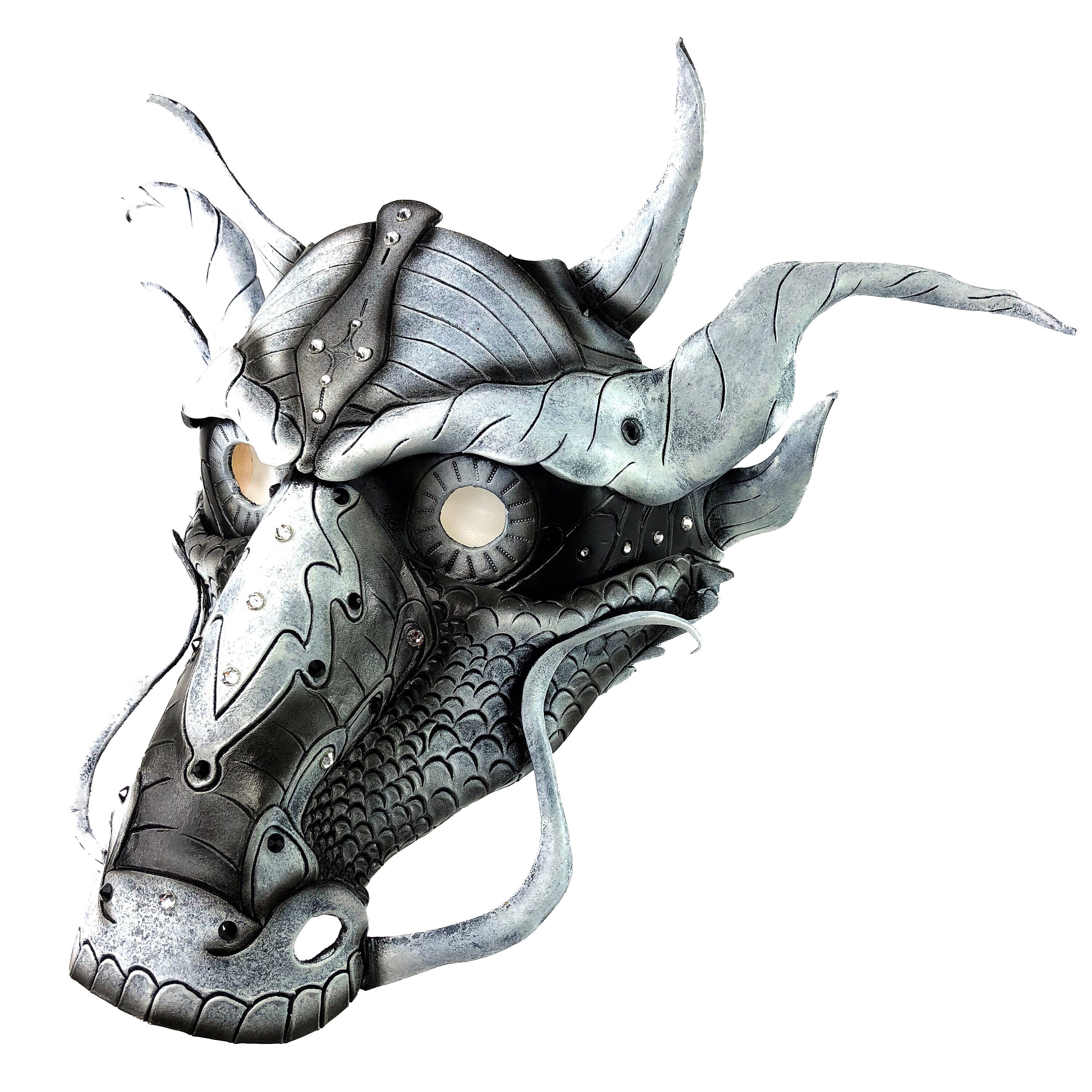 Grey Ancient Dragon Leather Mask with Swarovski Crystals