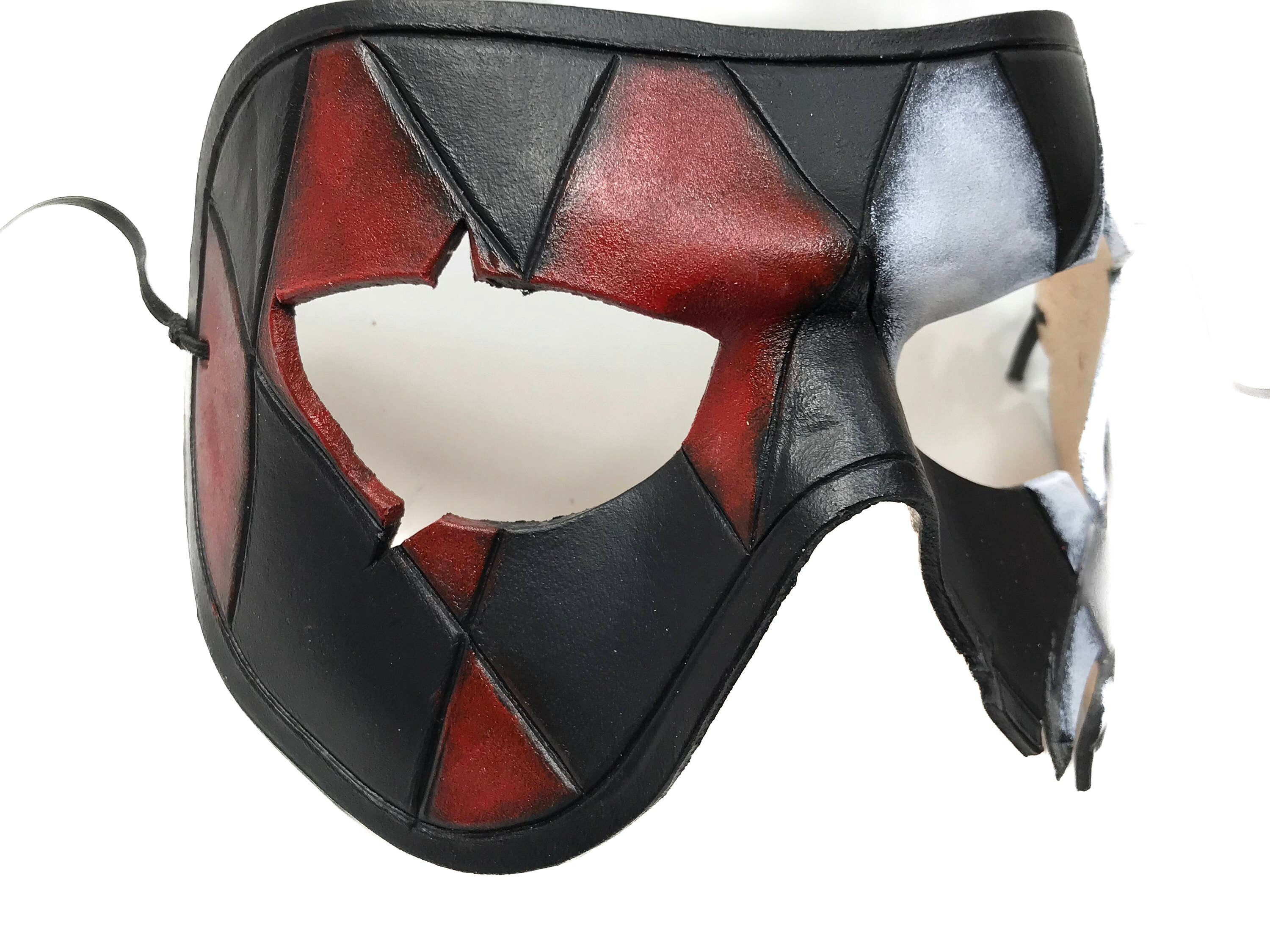 Harlequin Handmade Genuine Leather Mask in Red White Black and Gold