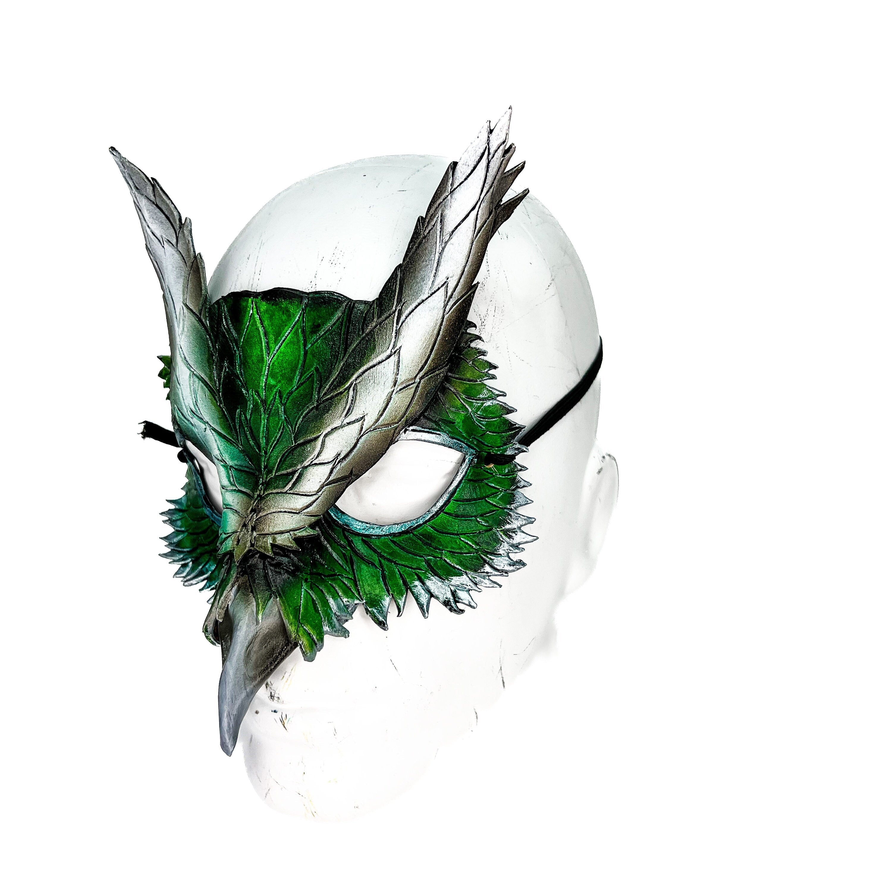 Layered Green Eagle Owl Handmade Genuine Leather Mask