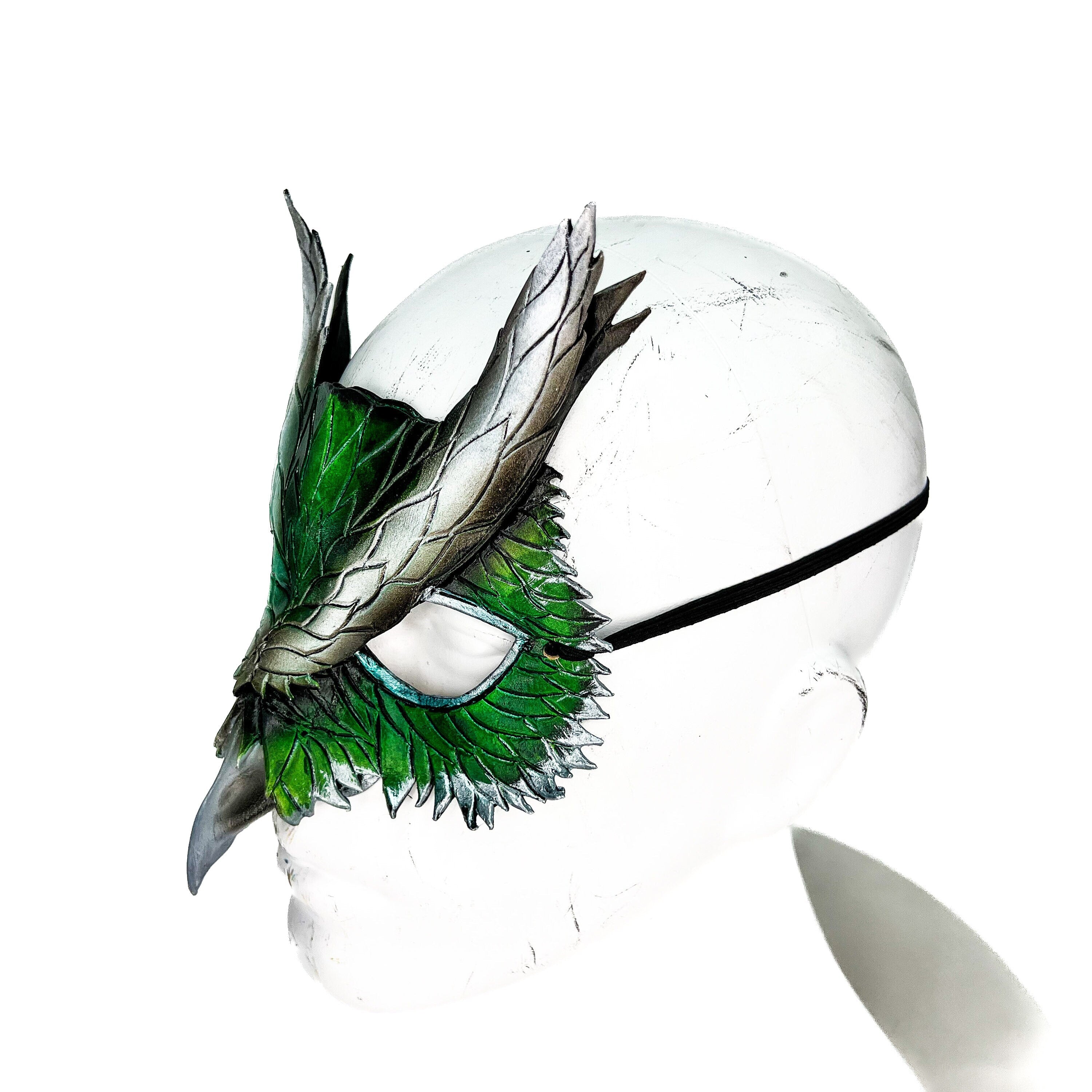 Layered Green Eagle Owl Handmade Genuine Leather Mask