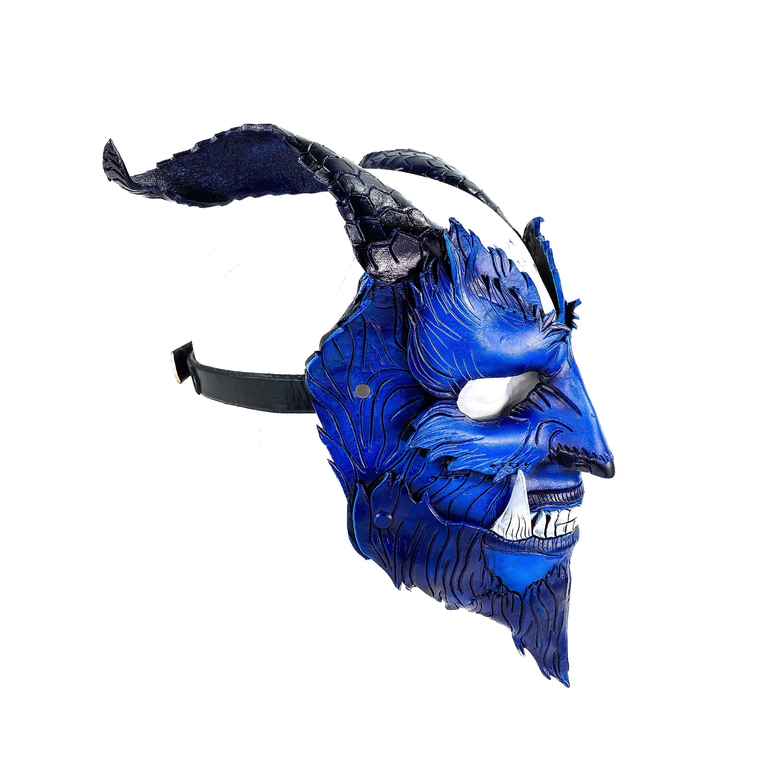 The Beast - Handmade Genuine Leather Mask with Horns in Natural Colors