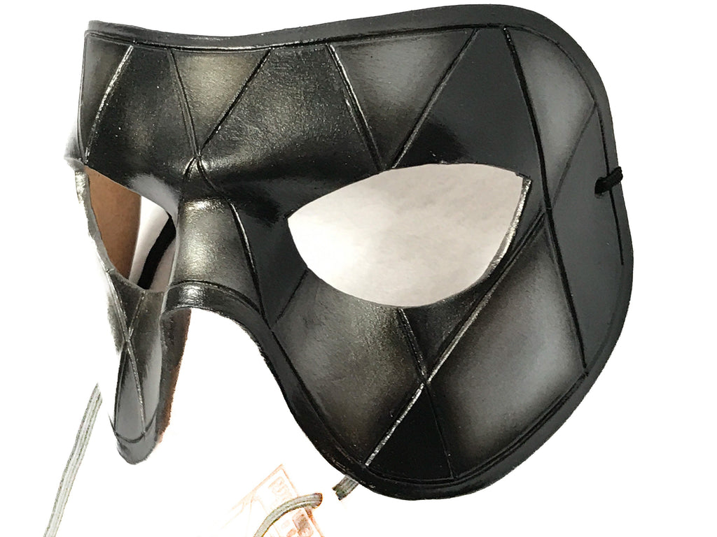 Silver Harlequin Handmade Genuine Leather Mask in Black and Silver