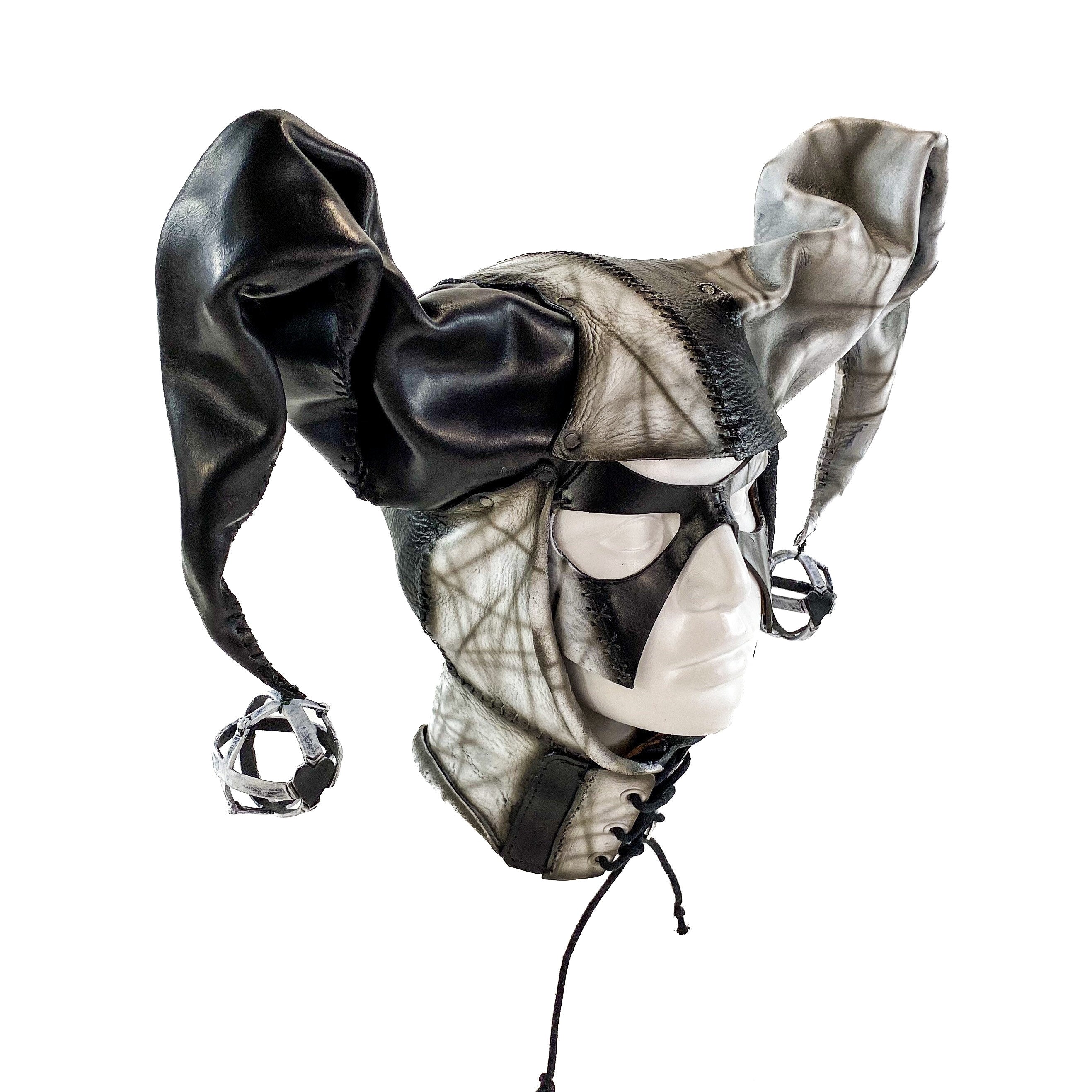 In Stock - Handcrafted Genuine Leather Jester Mask in Black and White