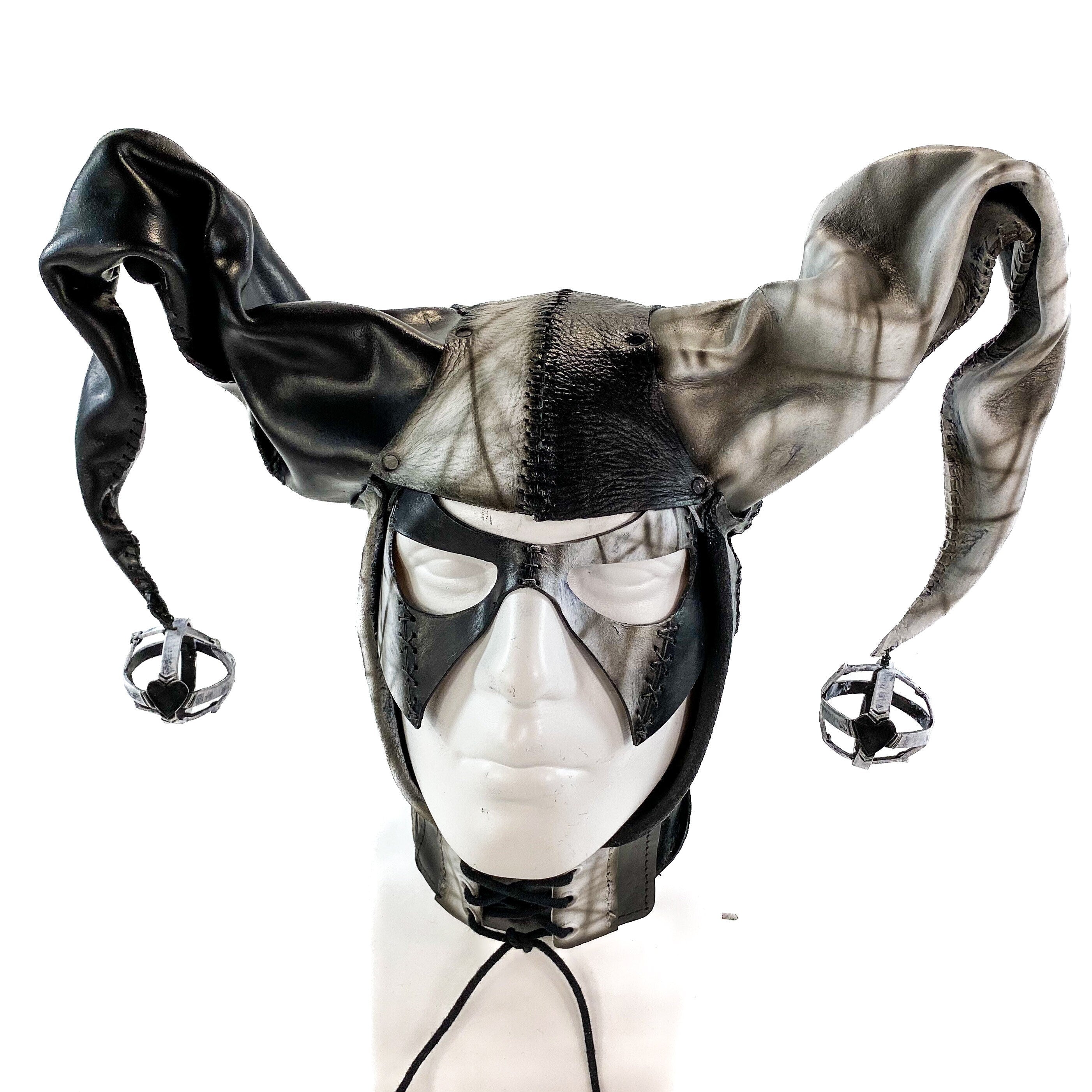 In Stock - Handcrafted Genuine Leather Jester Mask in Black and White