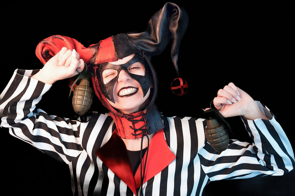 Jester Helmet Genuine Leather Mask in Red and Black