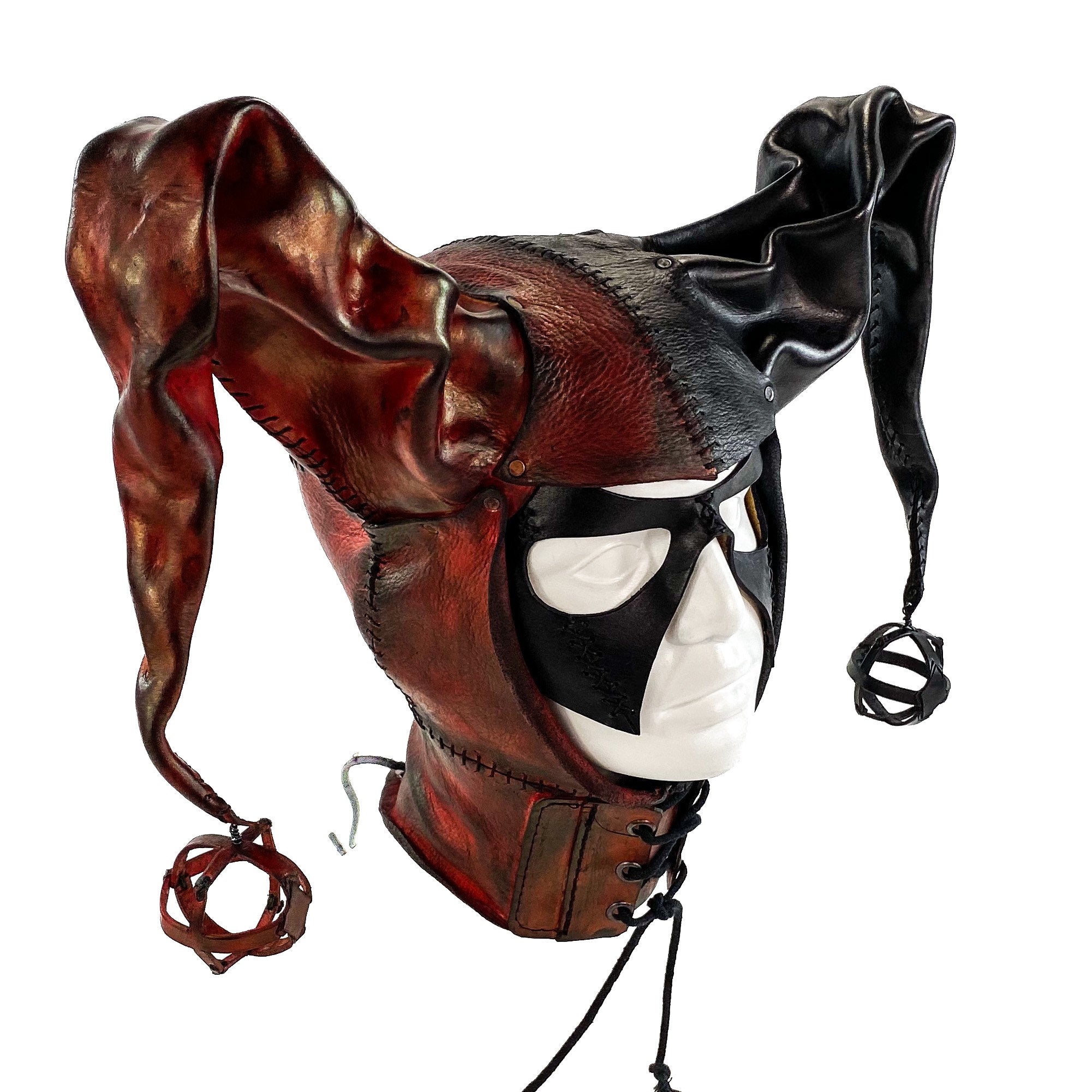 Jester Helmet Genuine Leather Mask in Red and Black