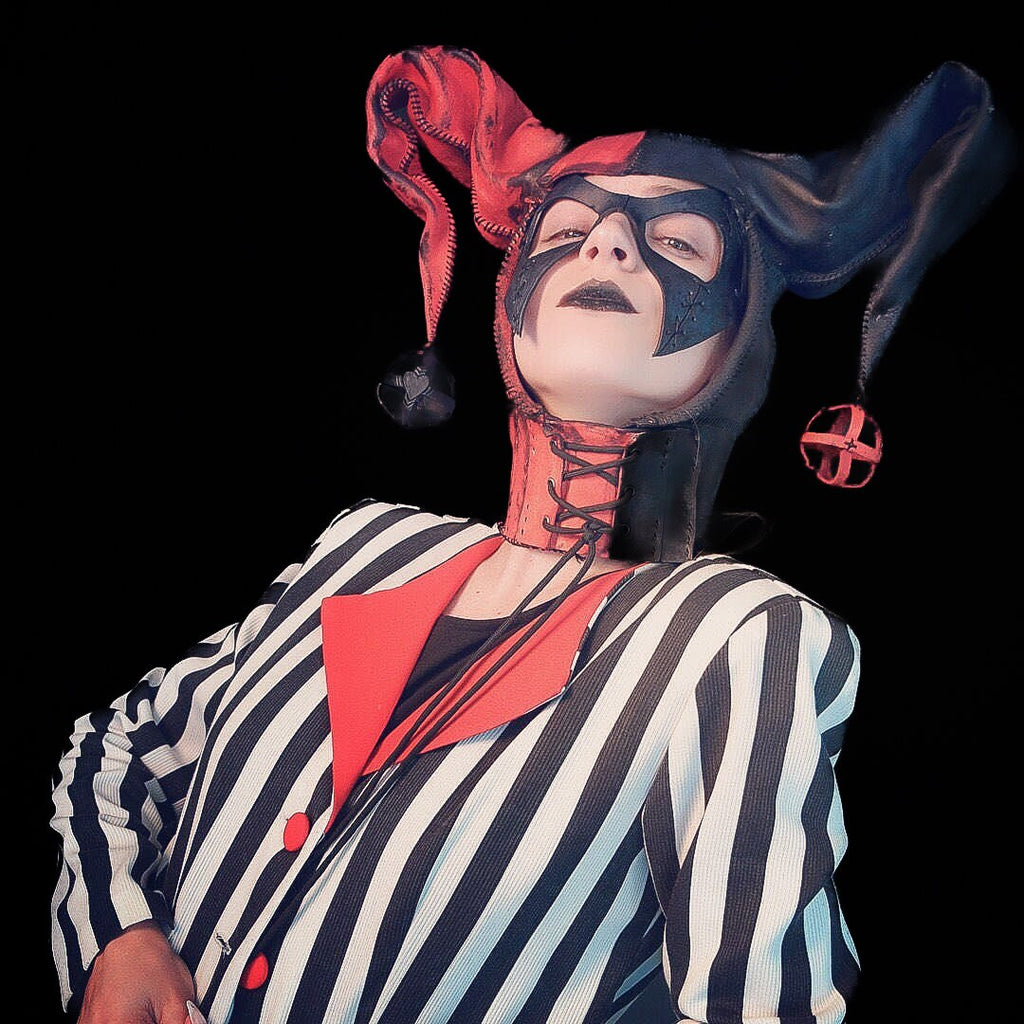 Jester Helmet Genuine Leather Mask in Red and Black