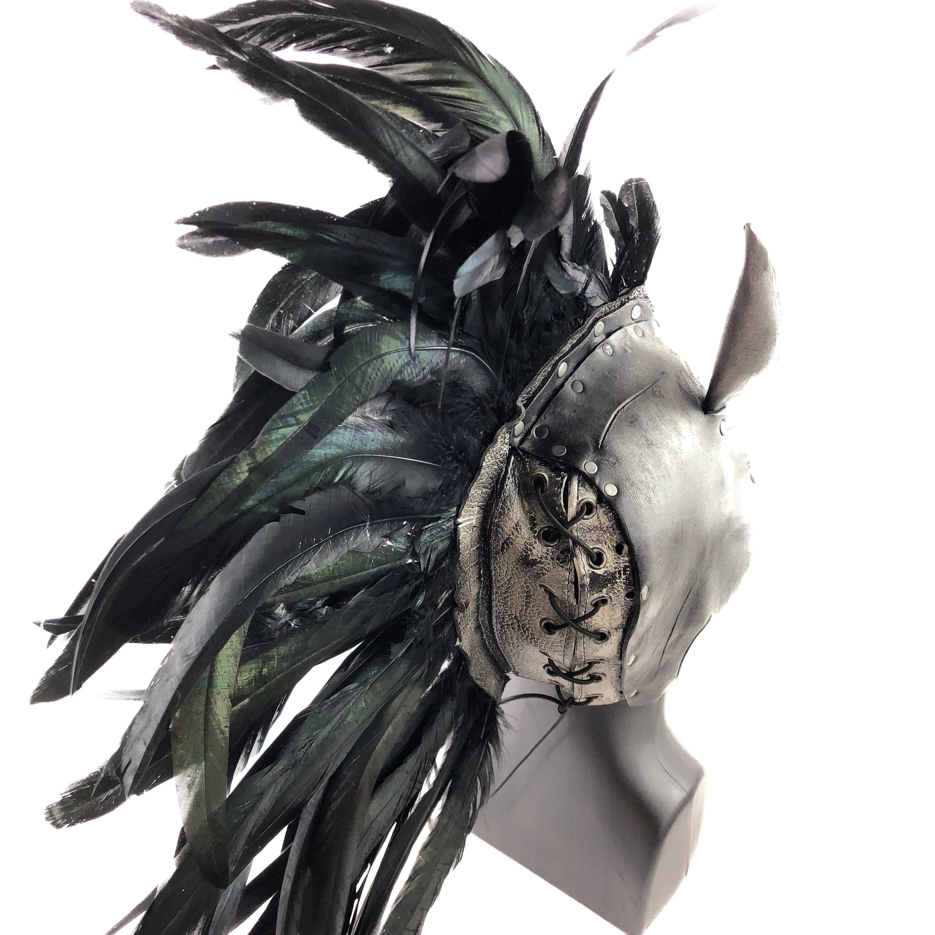 Flying Horse Handmade Genuine Leather Mask with Feathers