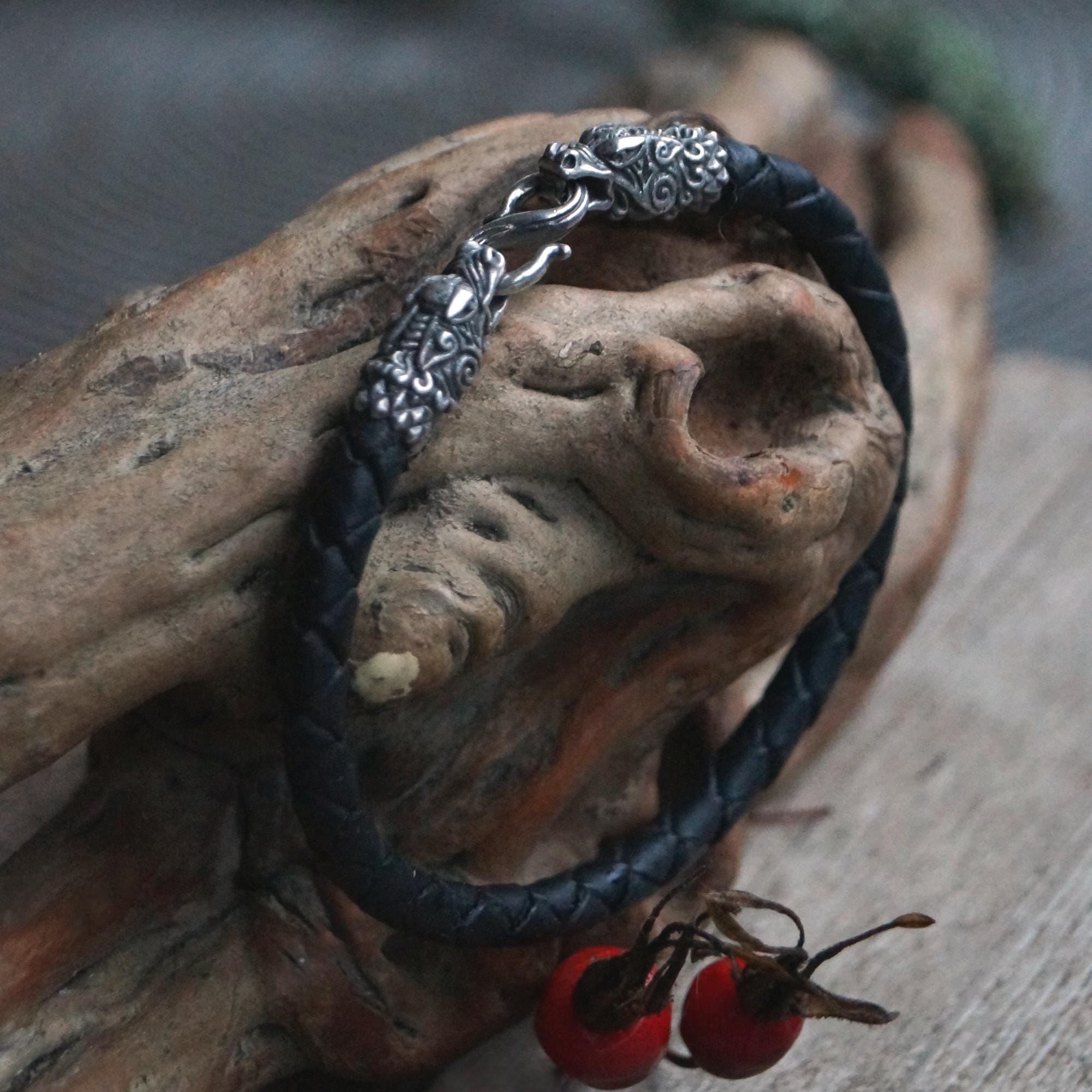 Silver Dragon's Heads Leather Black Braided Bracelet