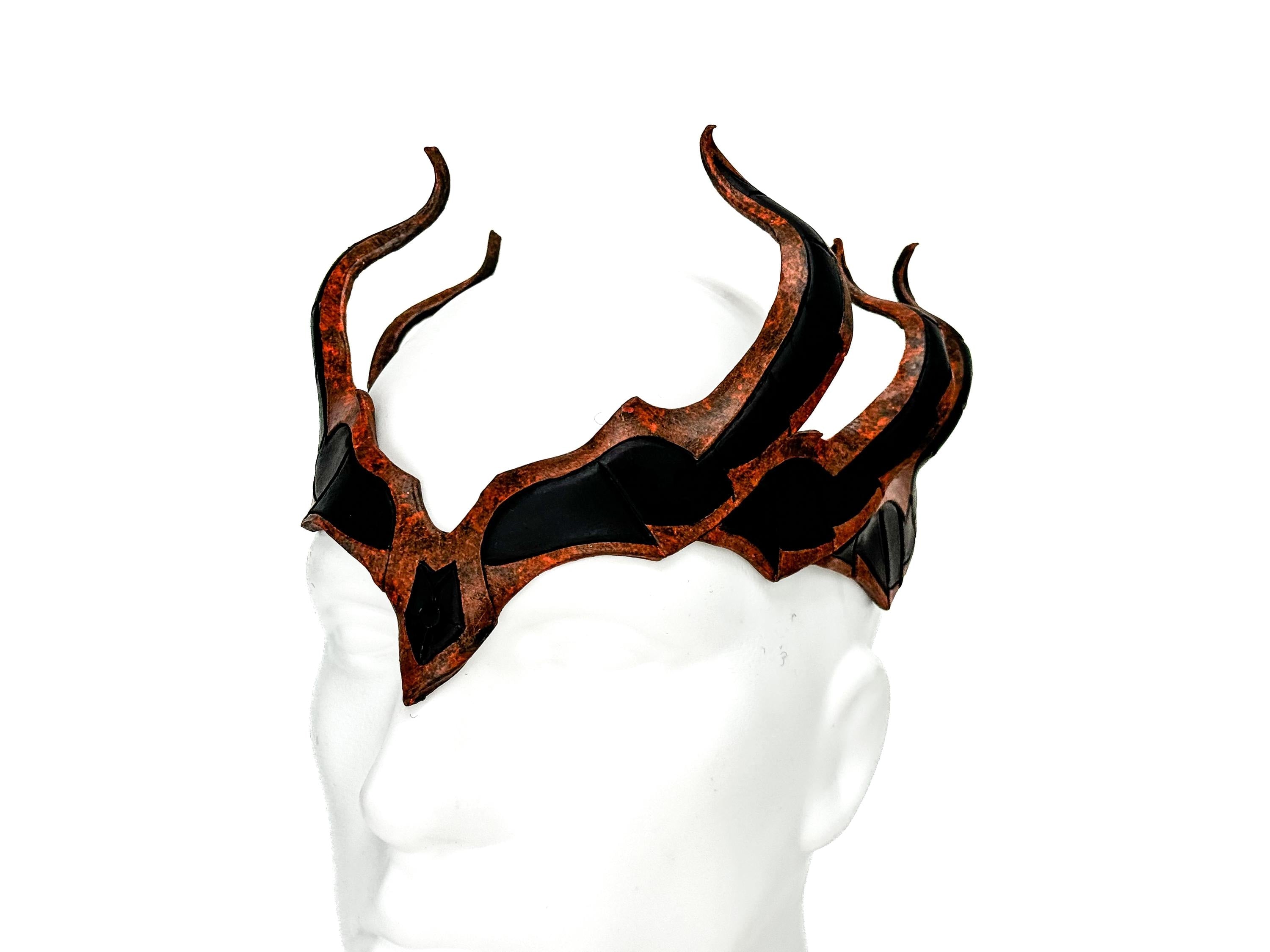 Rust Colored Masquerade Crown of Handmade Genuine Leather in  Green and Black