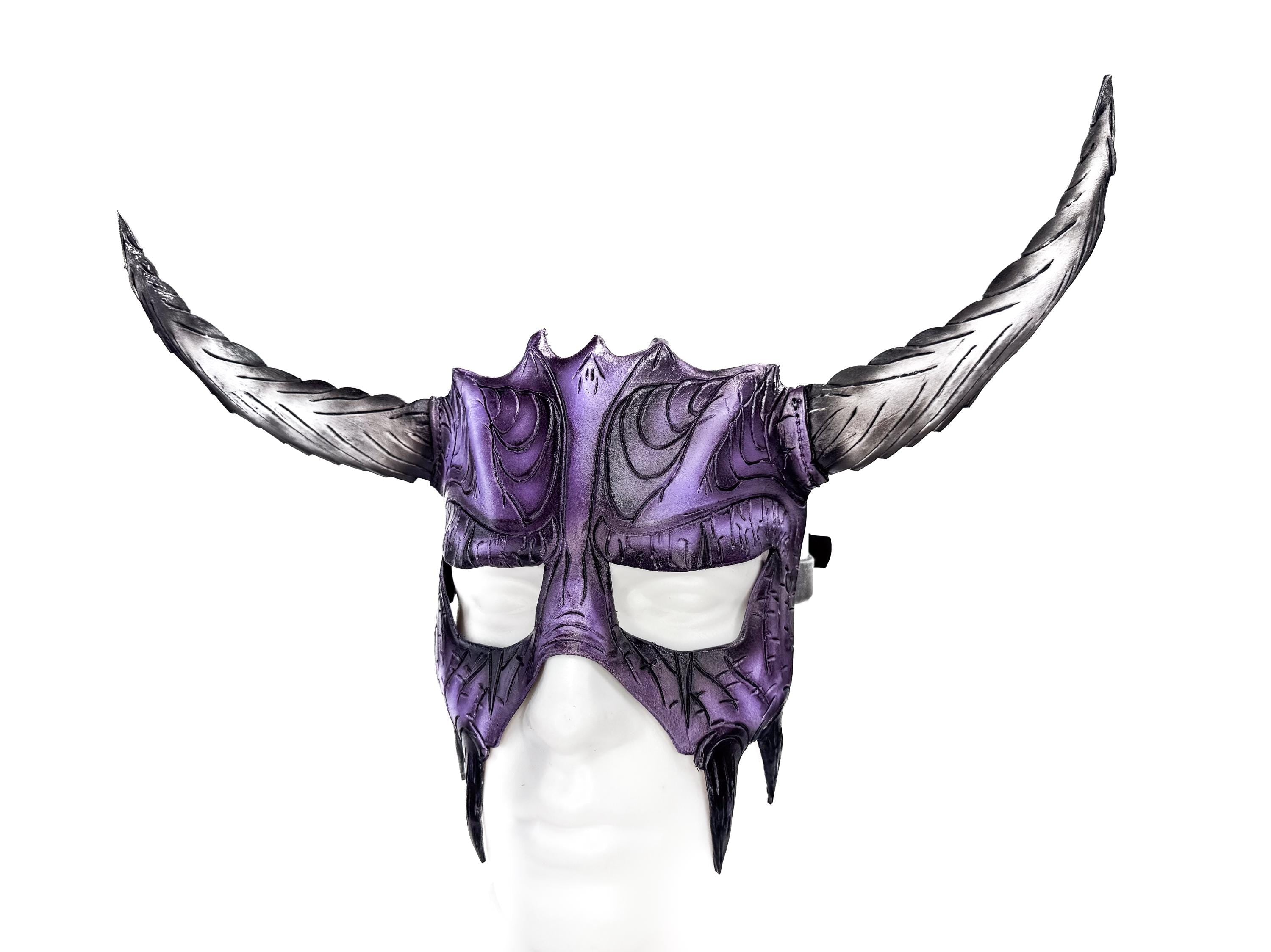 Handmade Genuine Leather Mask with Horns in Purple and White  The Horned Beast