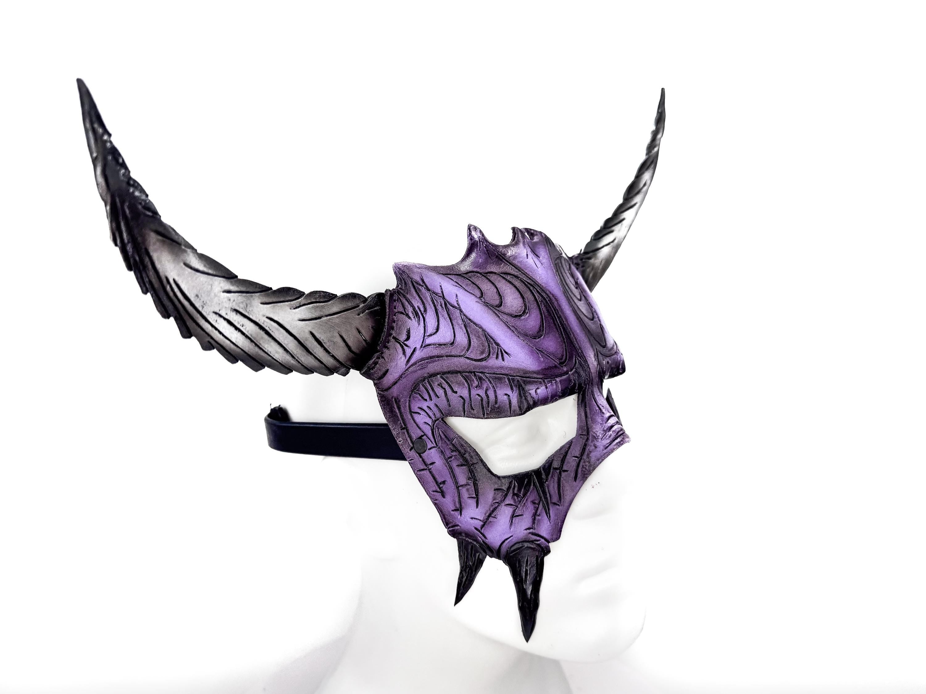 Handmade Genuine Leather Mask with Horns in Purple and White  The Horned Beast
