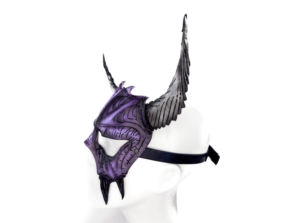 Handmade Genuine Leather Mask with Horns in Purple and White  The Horned Beast