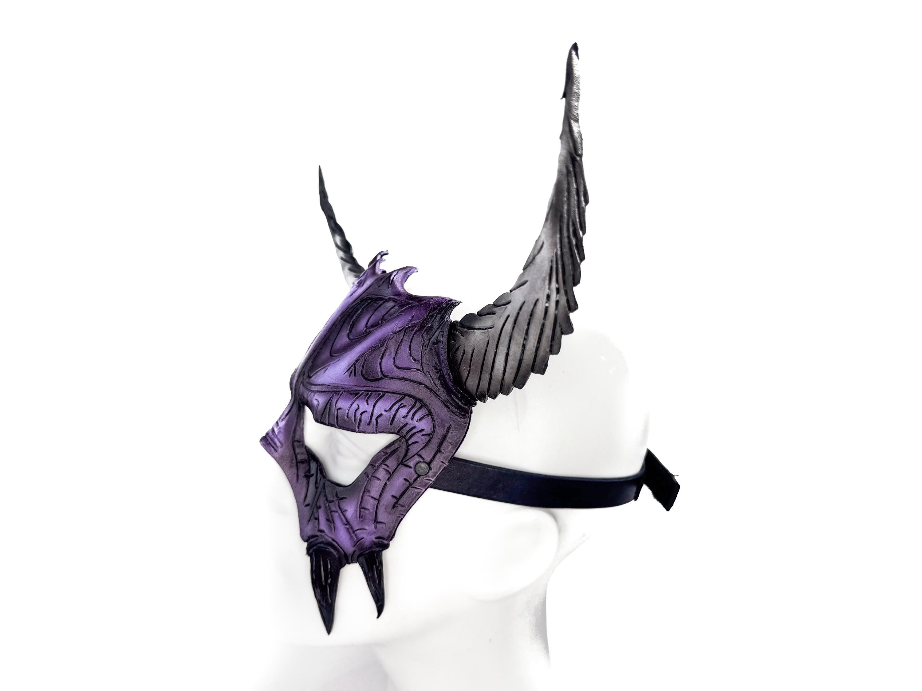 Handmade Genuine Leather Mask with Horns in Purple and White  The Horned Beast