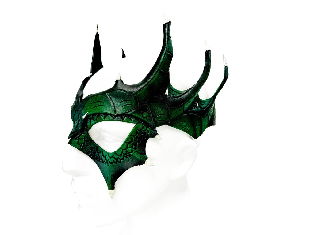 Green Dragon Crown Eye Mask - Handmade Genuine Leather - Masquerade, Halloween or Cosplay Costume