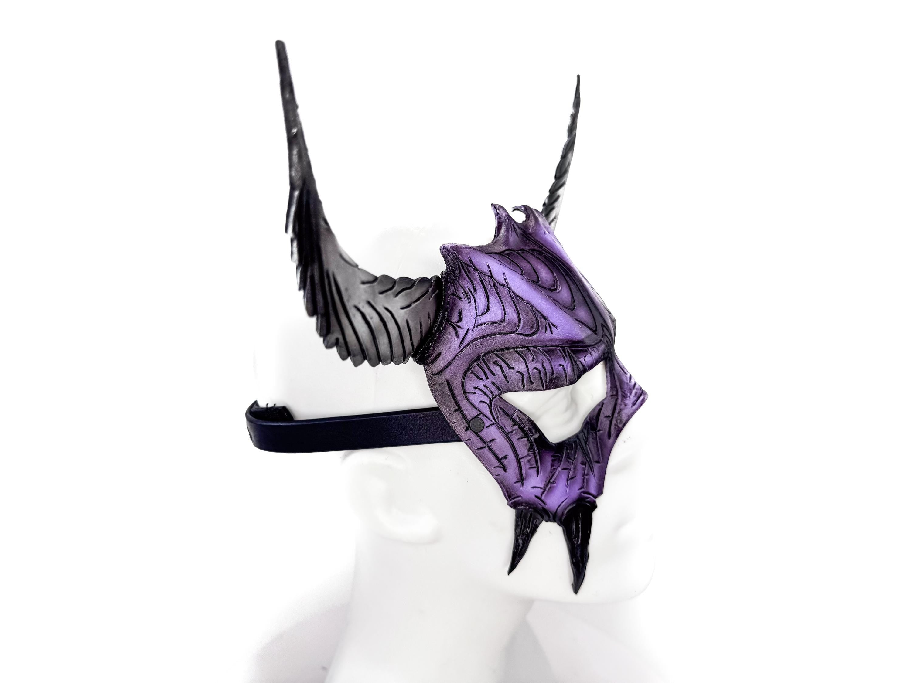 Handmade Genuine Leather Mask with Horns in Purple and White  The Horned Beast