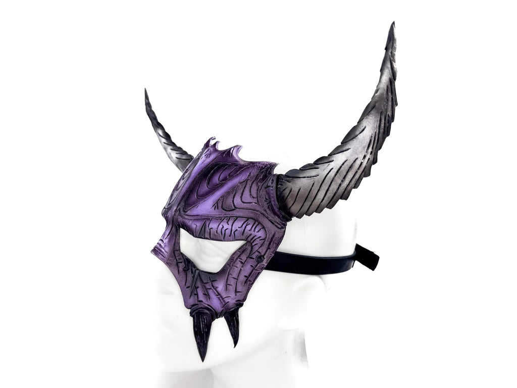 Handmade Genuine Leather Mask with Horns in Purple and White  The Horned Beast
