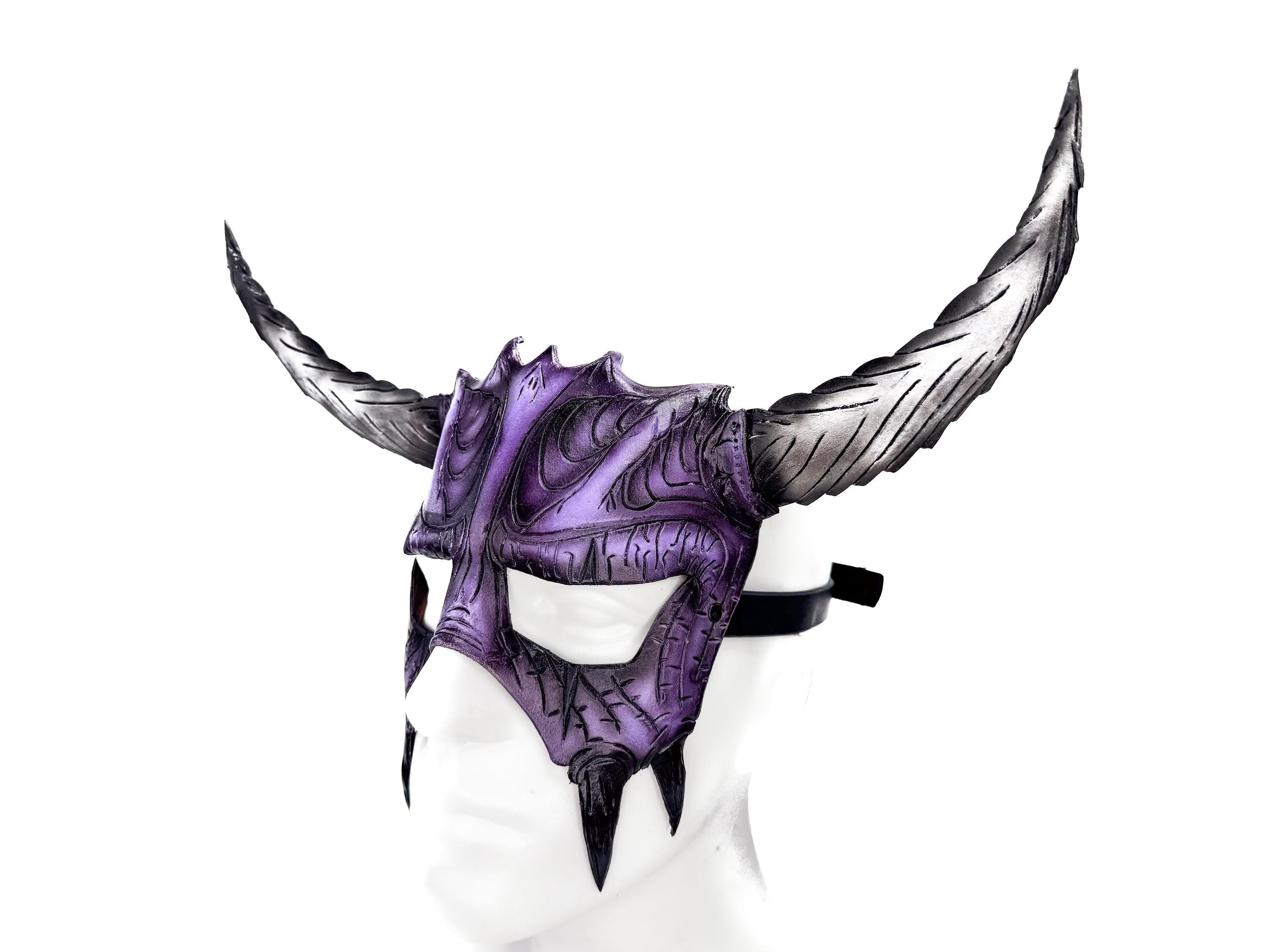 Handmade Genuine Leather Mask with Horns in Purple and White  The Horned Beast