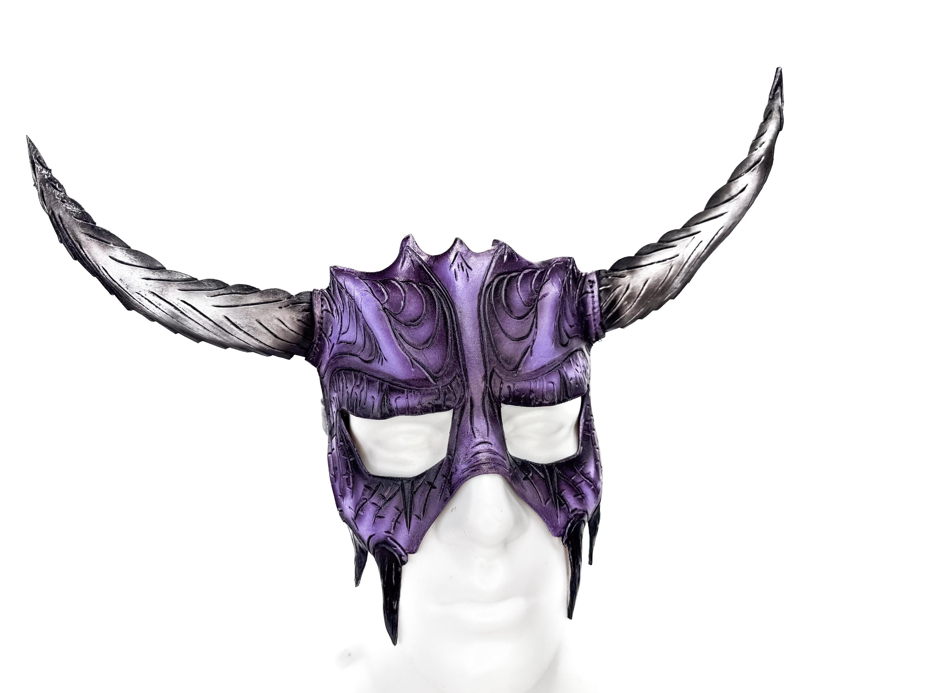 Handmade Genuine Leather Mask with Horns in Purple and White  The Horned Beast